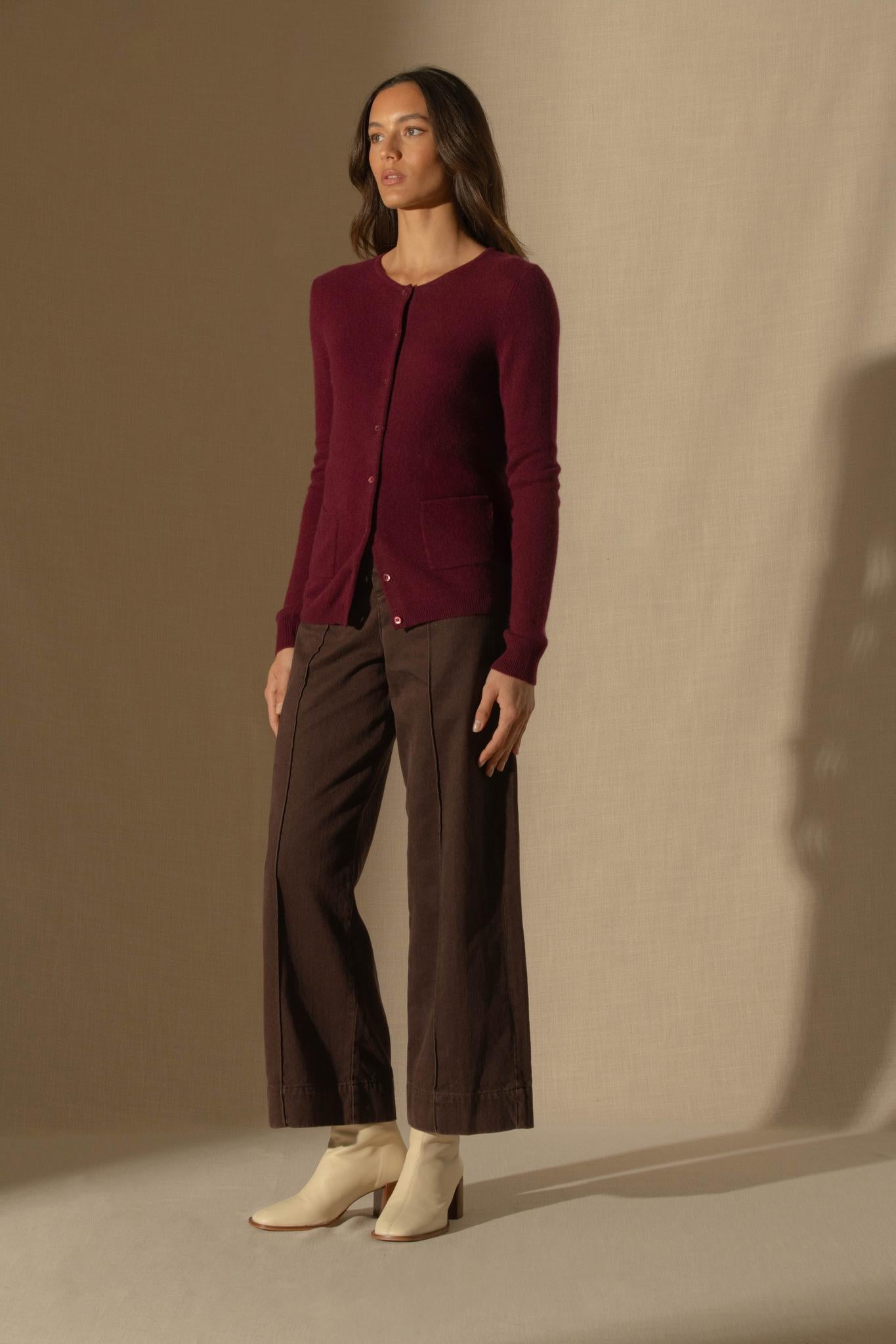 AMY cardigan col rond bordeaux 100% cachemire