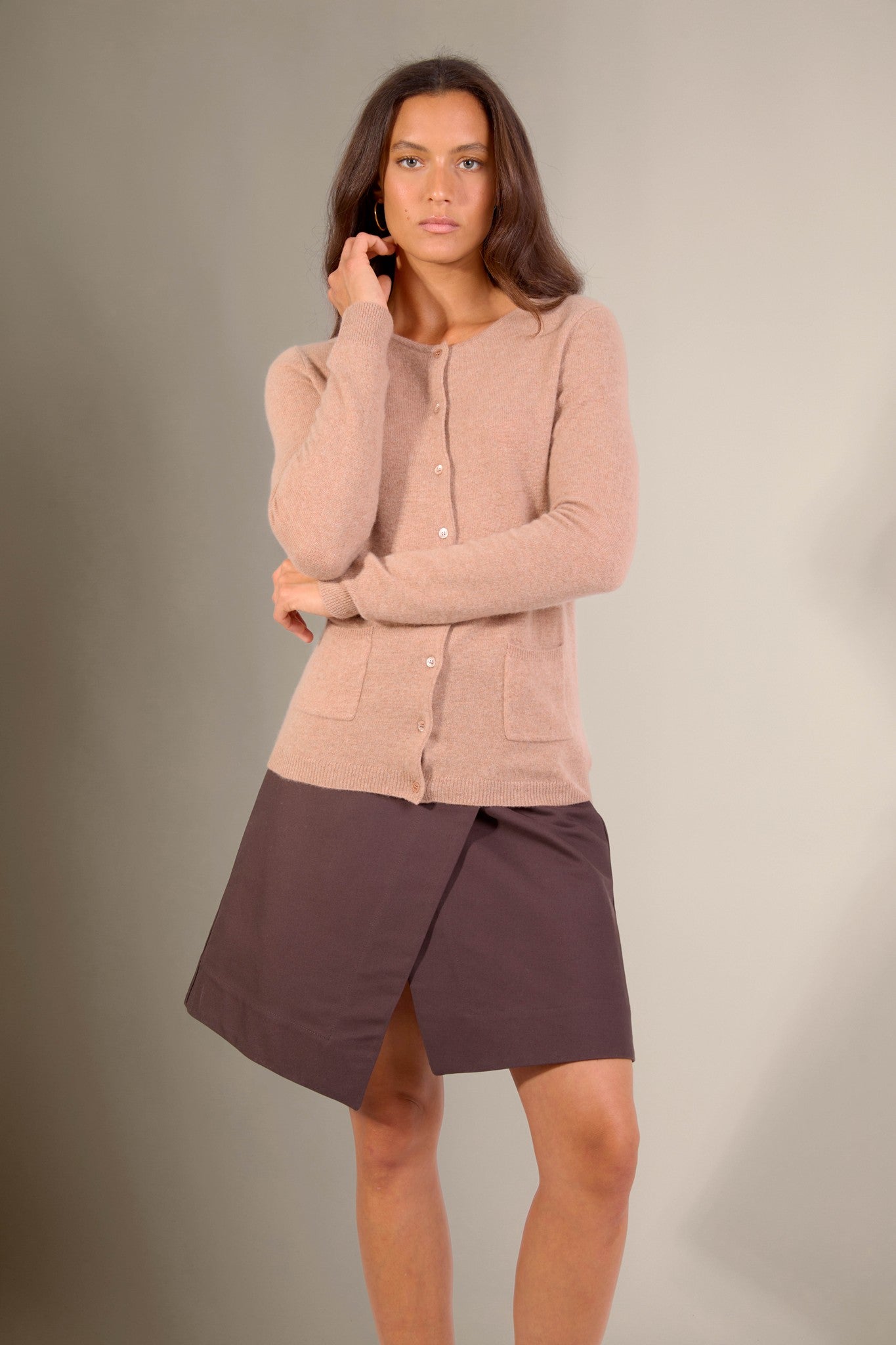 amy cardigan col rond camel chiné 100% cachemire