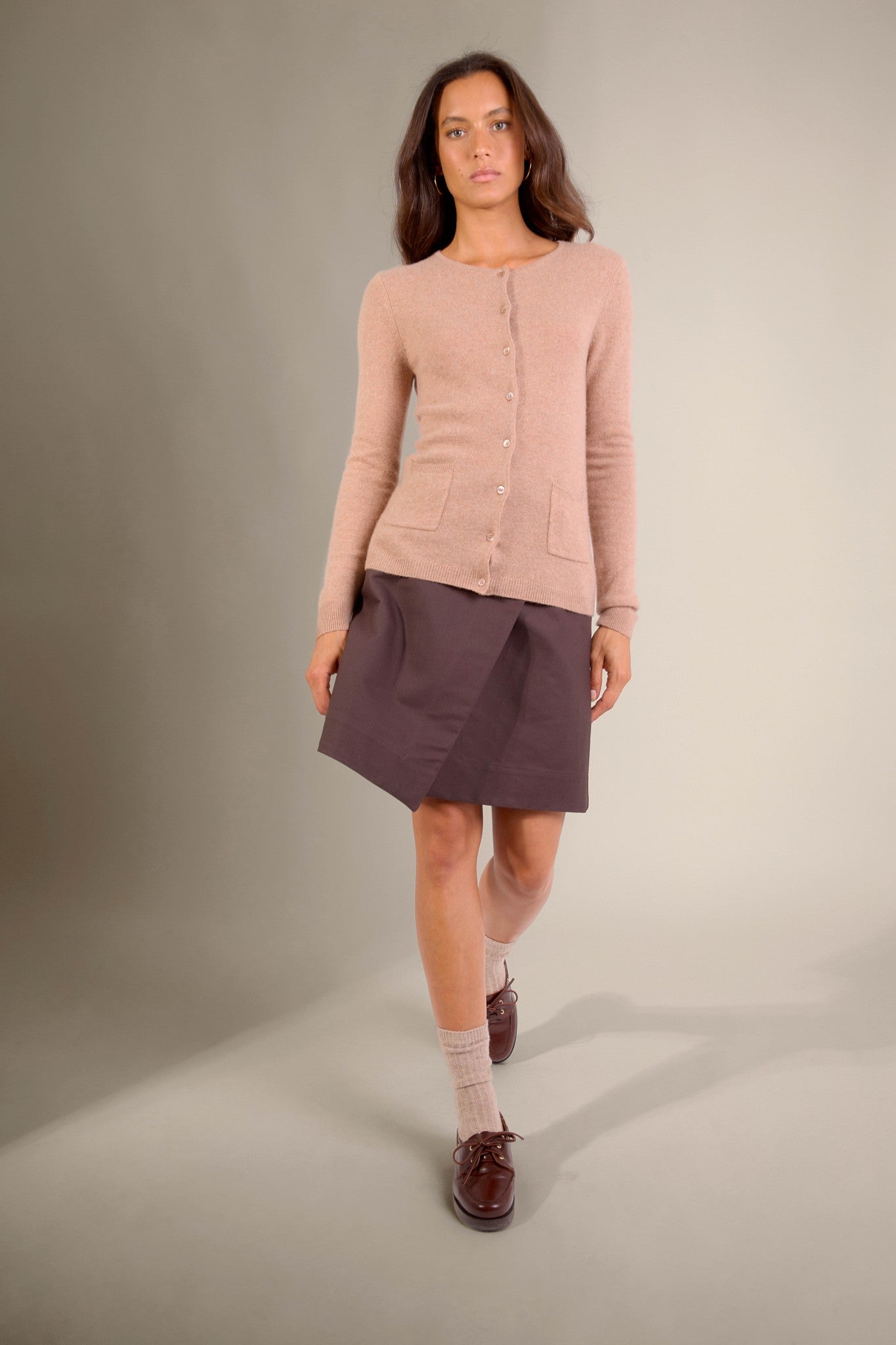 amy cardigan col rond camel chiné 100% cachemire