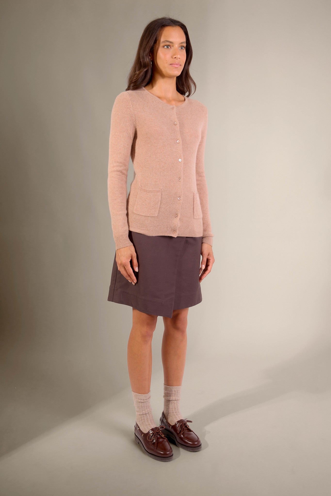 amy cardigan col rond camel chiné 100% cachemire