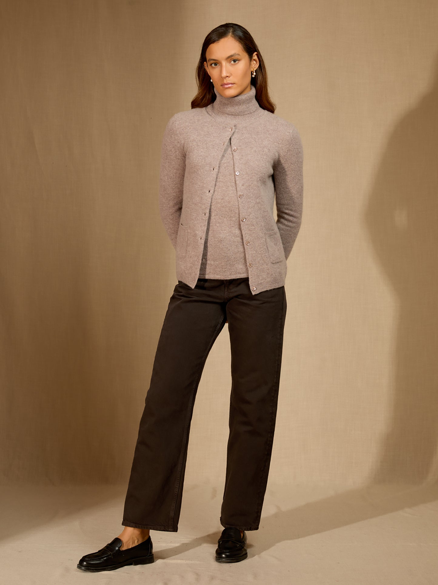 AMY cardigan col rond caribou chiné 100% cachemire