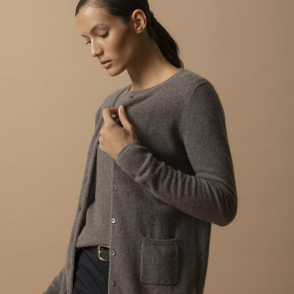 AMY cardigan col rond taupe chiné 100% cachemire