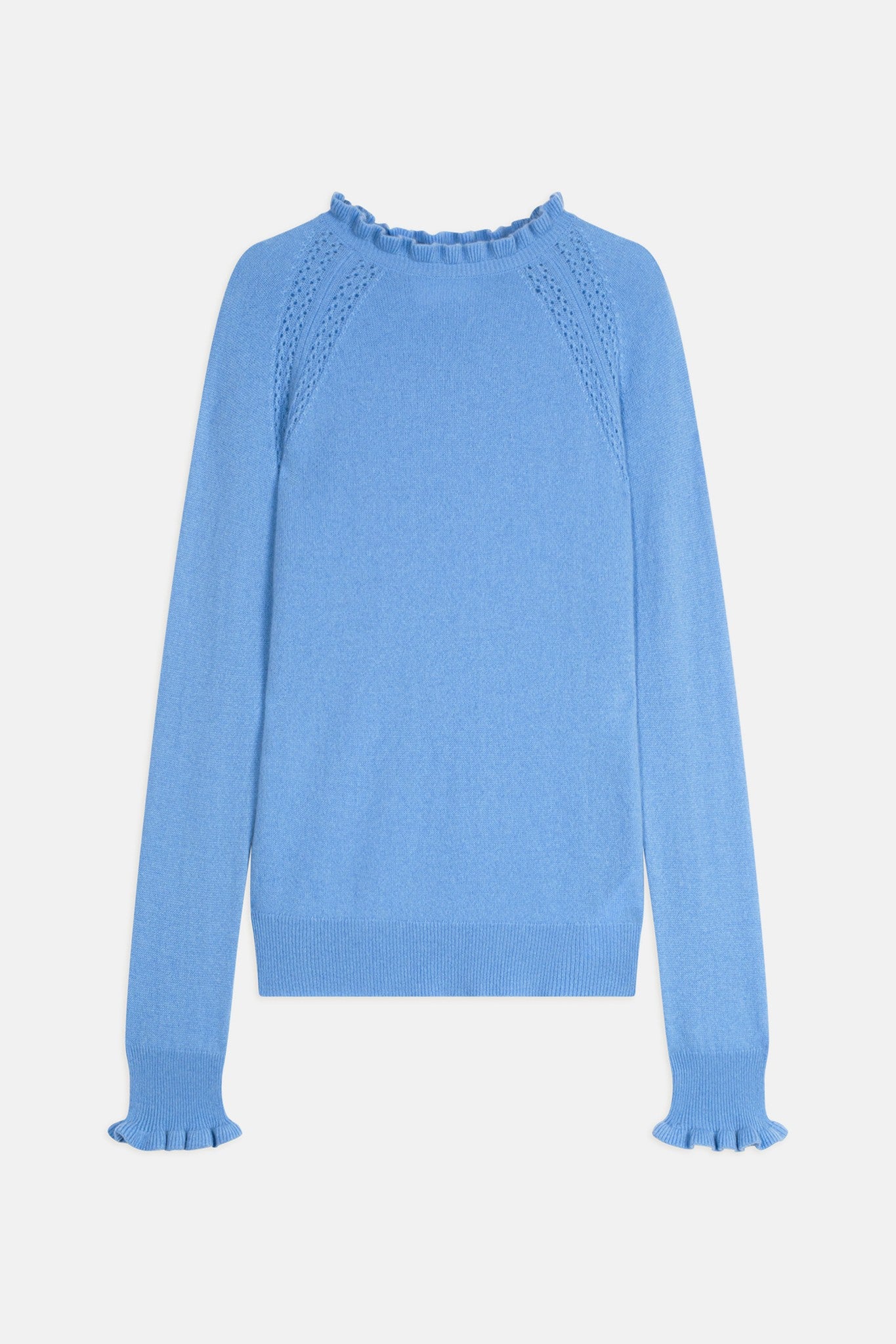arlenia pull col rond volant poignet et col baby blue 100% cachemire