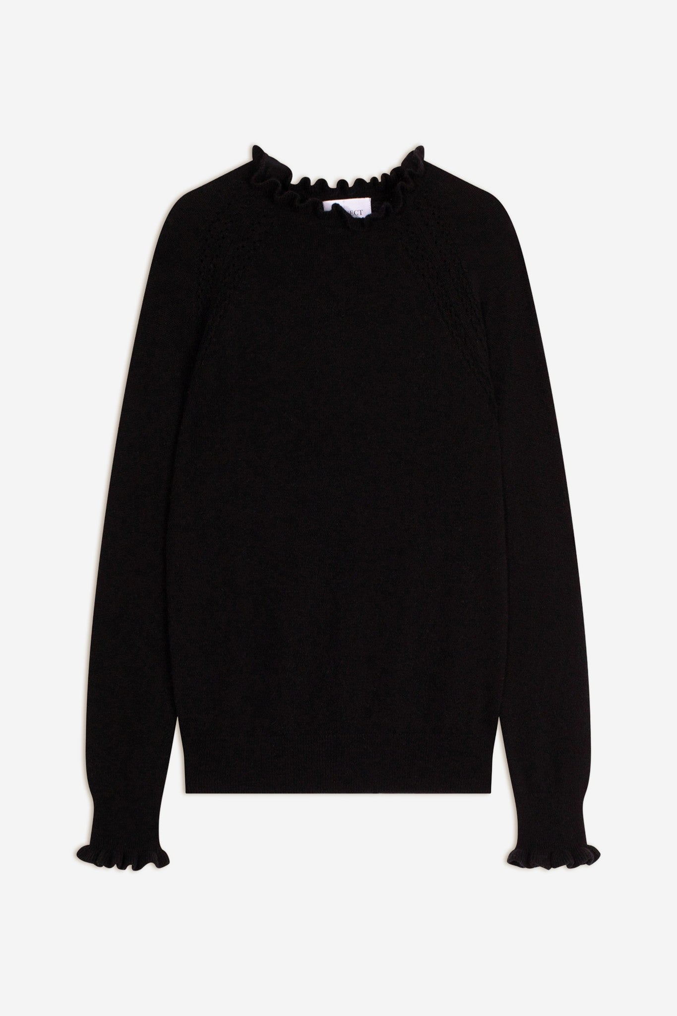 arlenia pull col rond volant poignet et col noir 100% cachemire