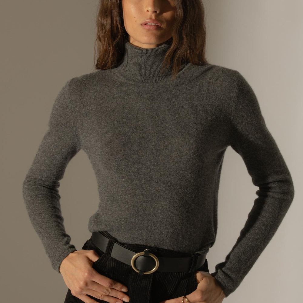 ASHLEY pull col roulé anthracite chiné 100% cachemire