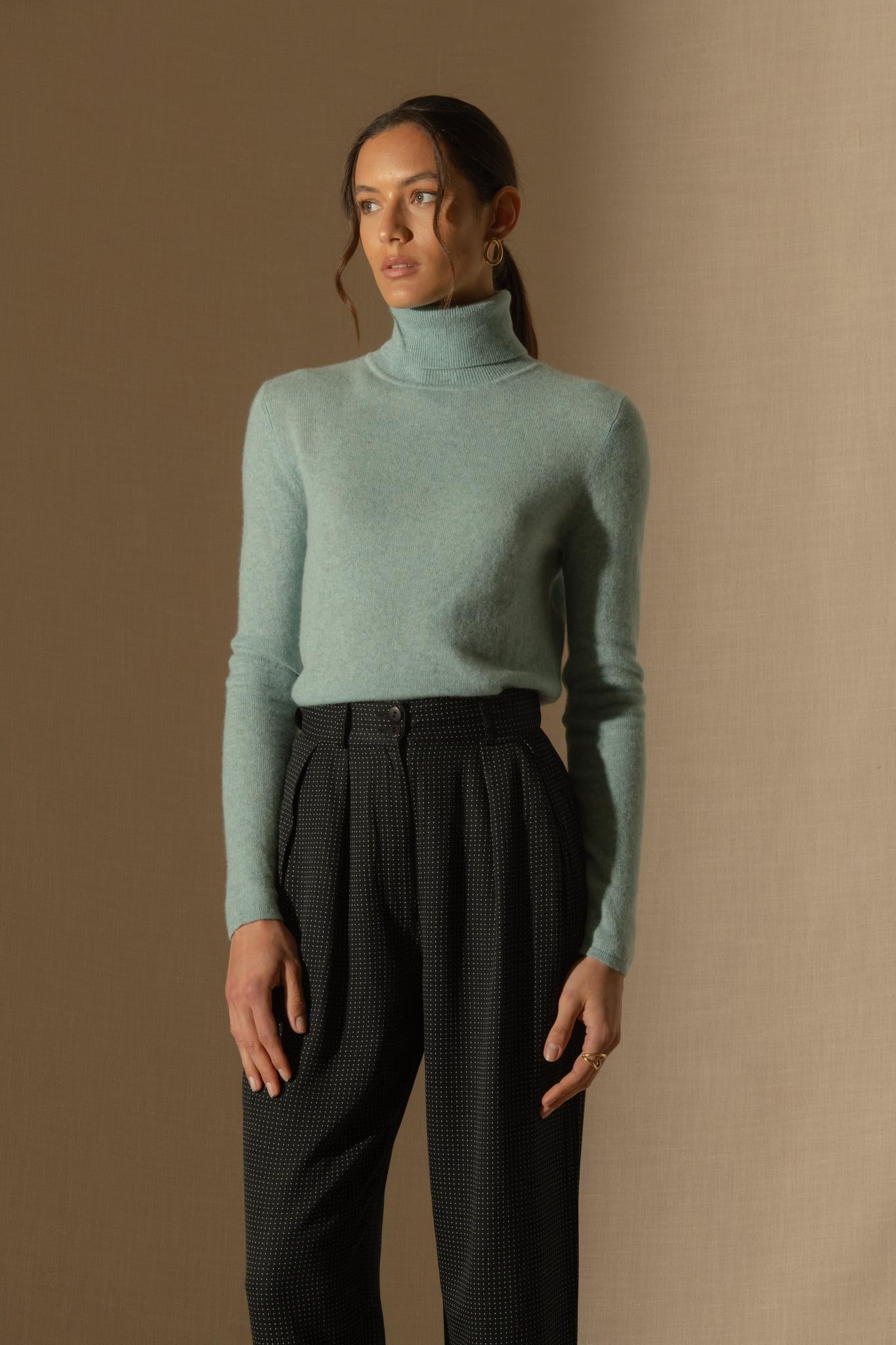 ASHLEY pull col roulé aqua chiné 100% cachemire