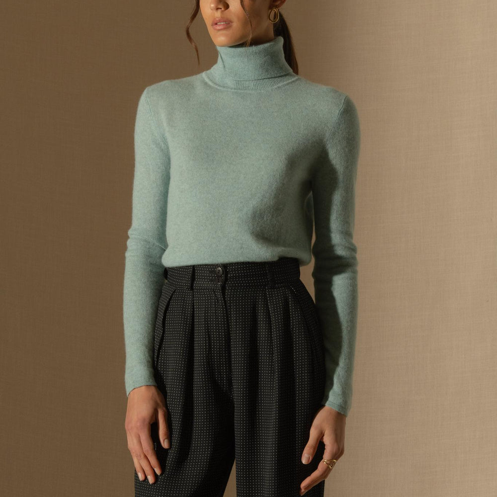 ASHLEY pull col roulé aqua chiné 100% cachemire