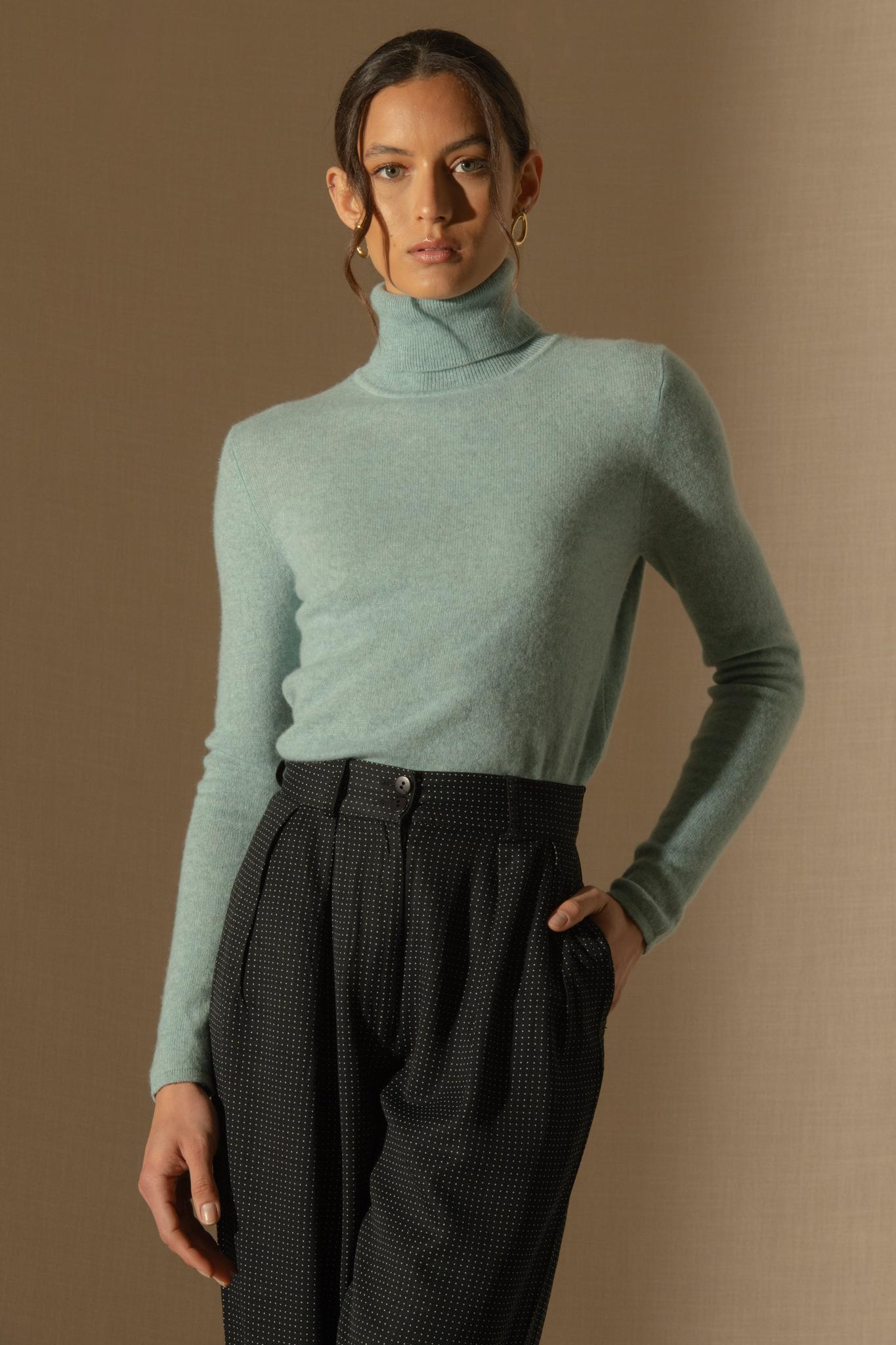 ASHLEY pull col roulé aqua chiné 100% cachemire
