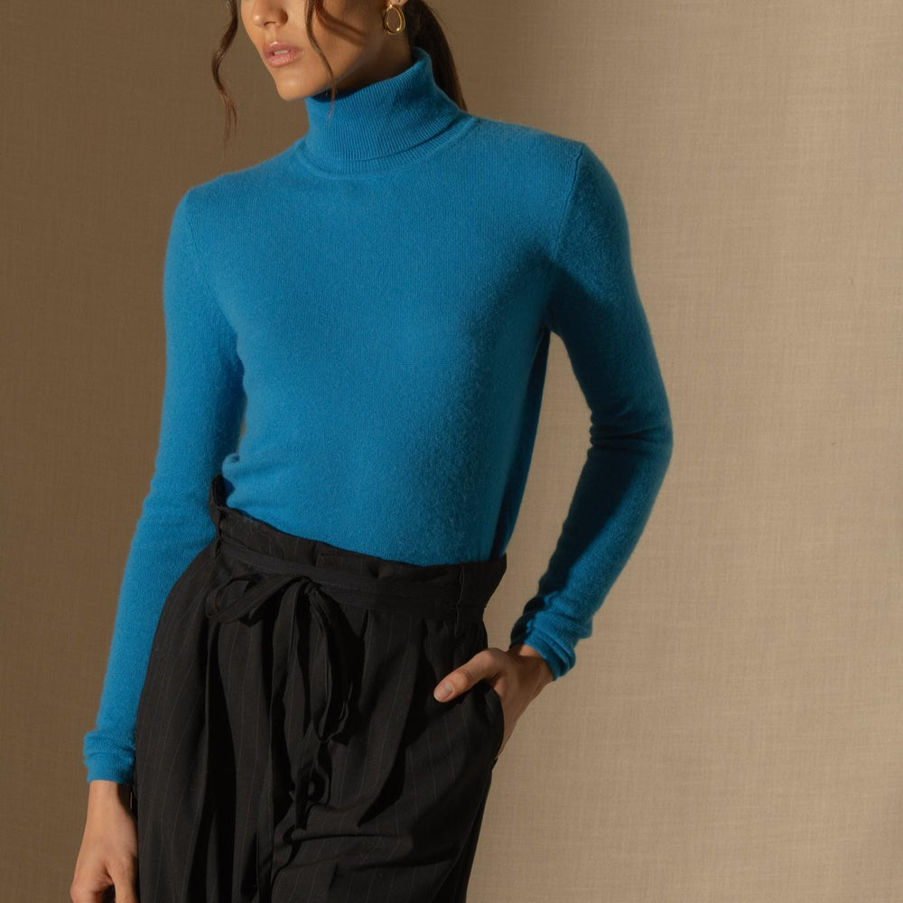 ASHLEY pull col roulé azur 100% cachemire