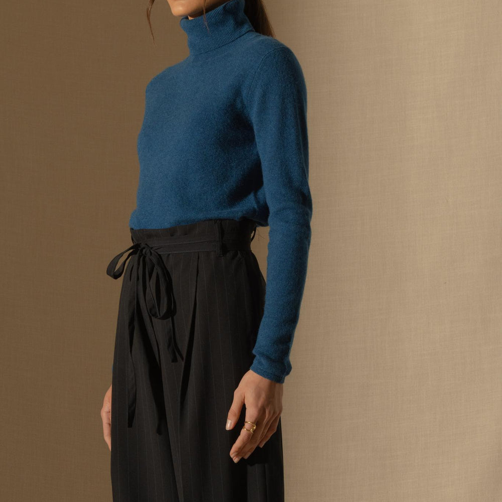 ASHLEY pull col roulé bleu chiné 100% cachemire