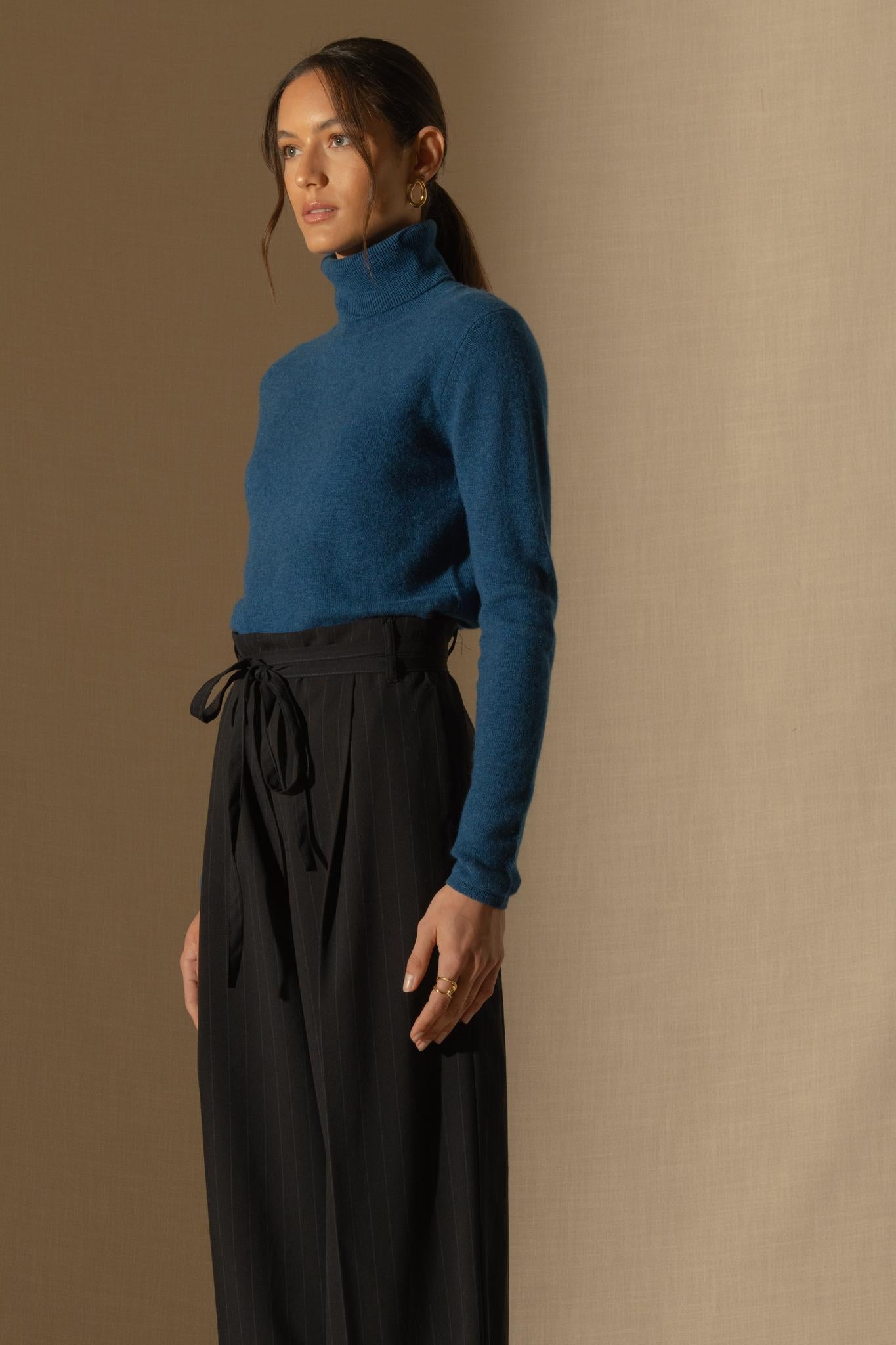 ASHLEY pull col roulé bleu chiné 100% cachemire