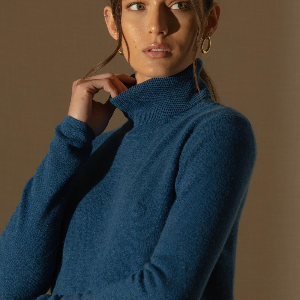 ASHLEY pull col roulé bleu chiné 100% cachemire