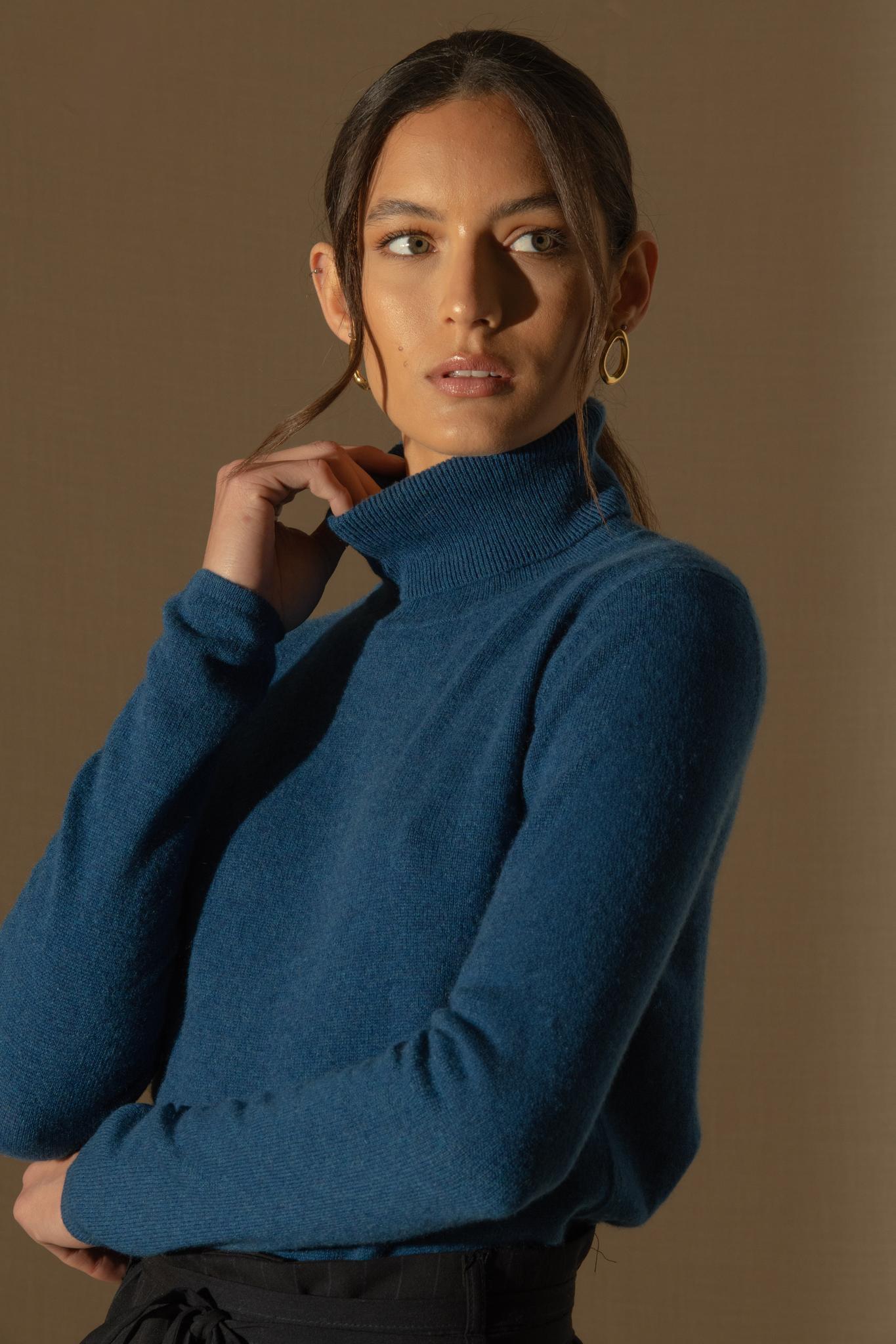 ASHLEY pull col roulé bleu chiné 100% cachemire