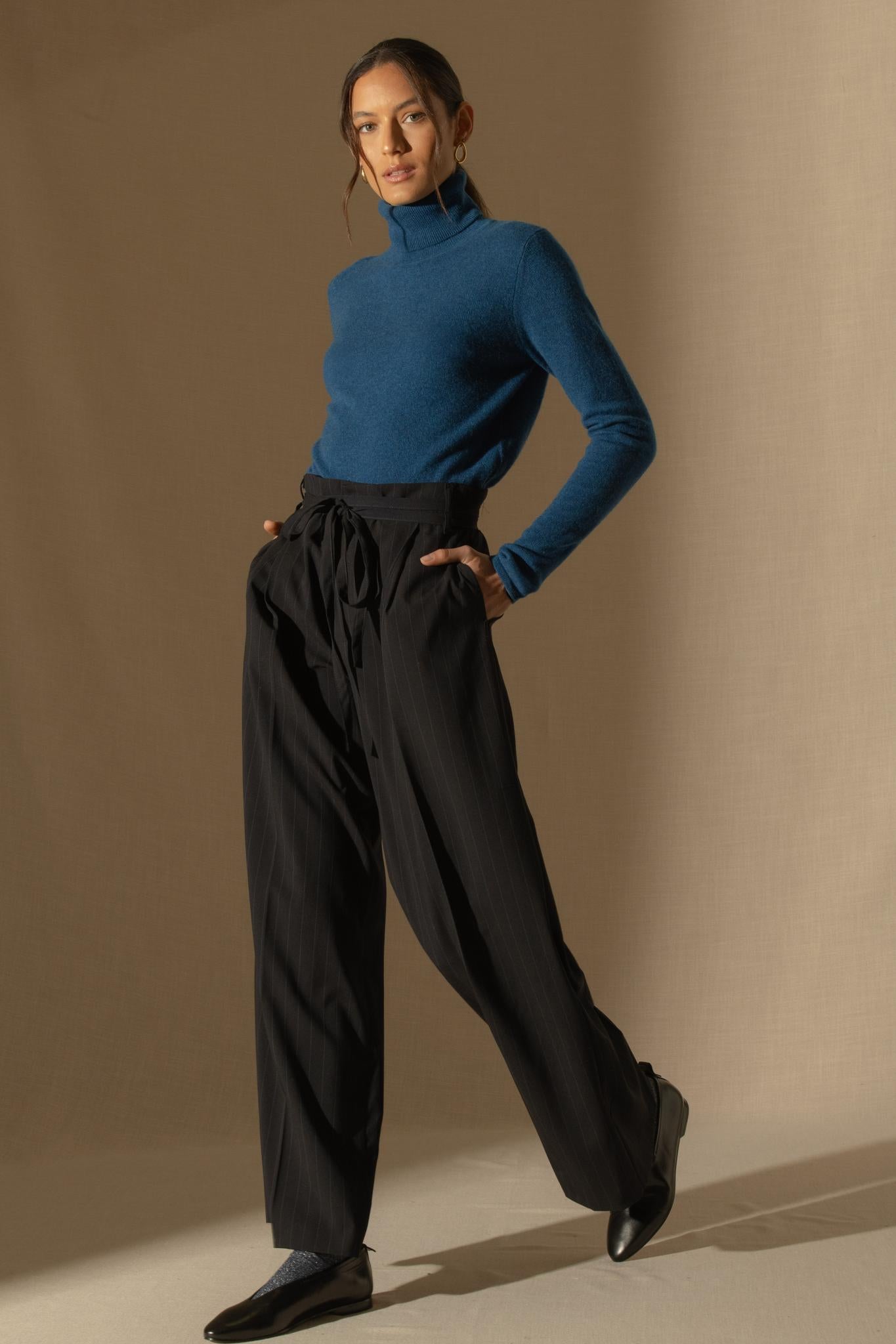 ASHLEY pull col roulé bleu chiné 100% cachemire