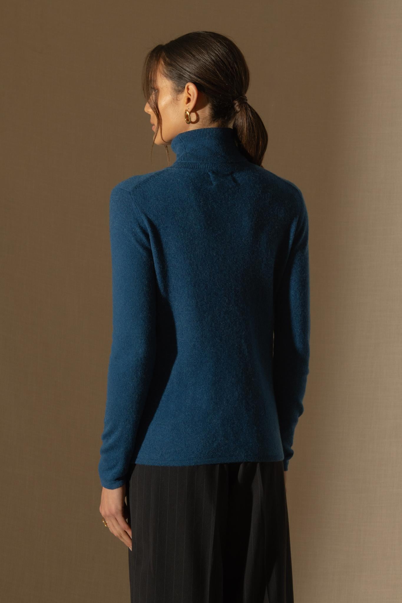 ASHLEY pull col roulé bleu chiné 100% cachemire