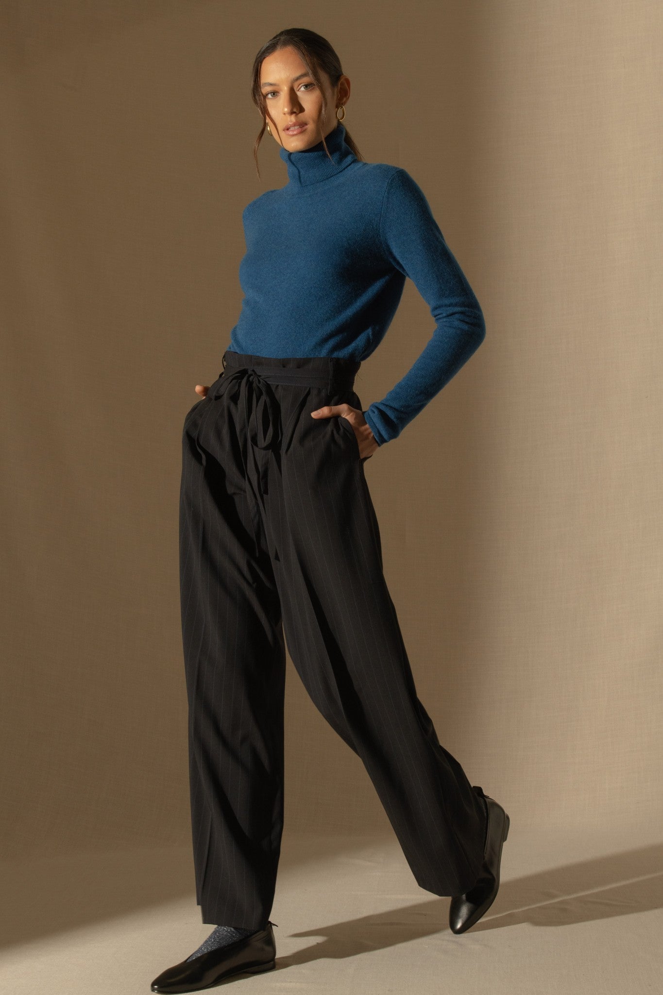 ashley pull col roulé bleu chiné 100% cachemire