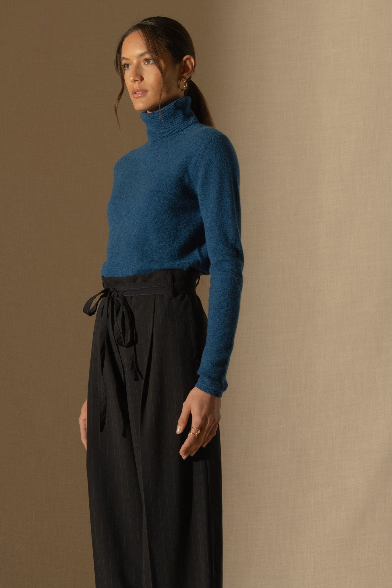 ashley pull col roulé bleu chiné 100% cachemire