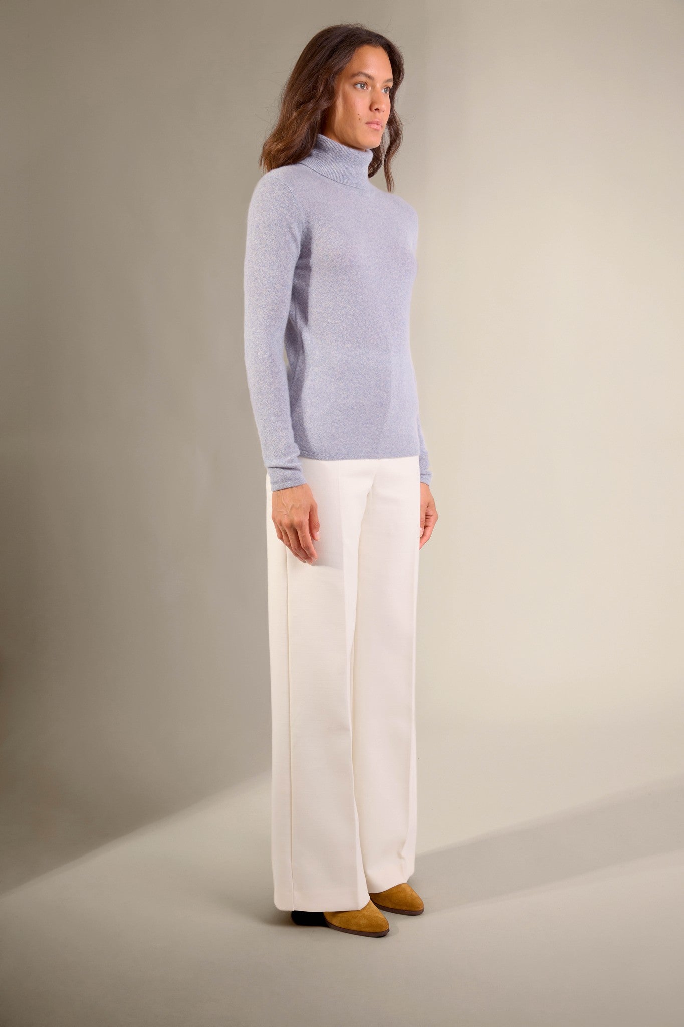 ashley pull col roulé bleu ivoire 100% cachemire