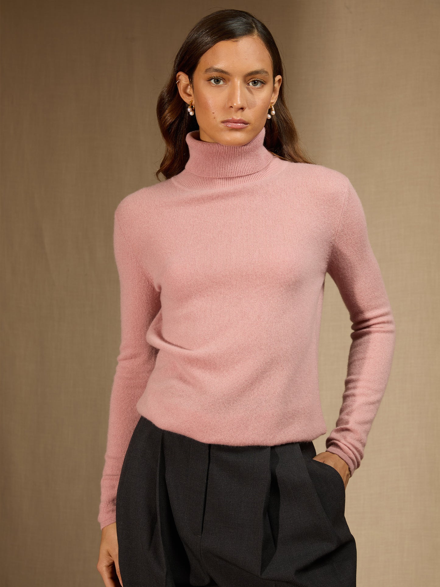 ASHLEY pull col roulé bois de rose 100% cachemire