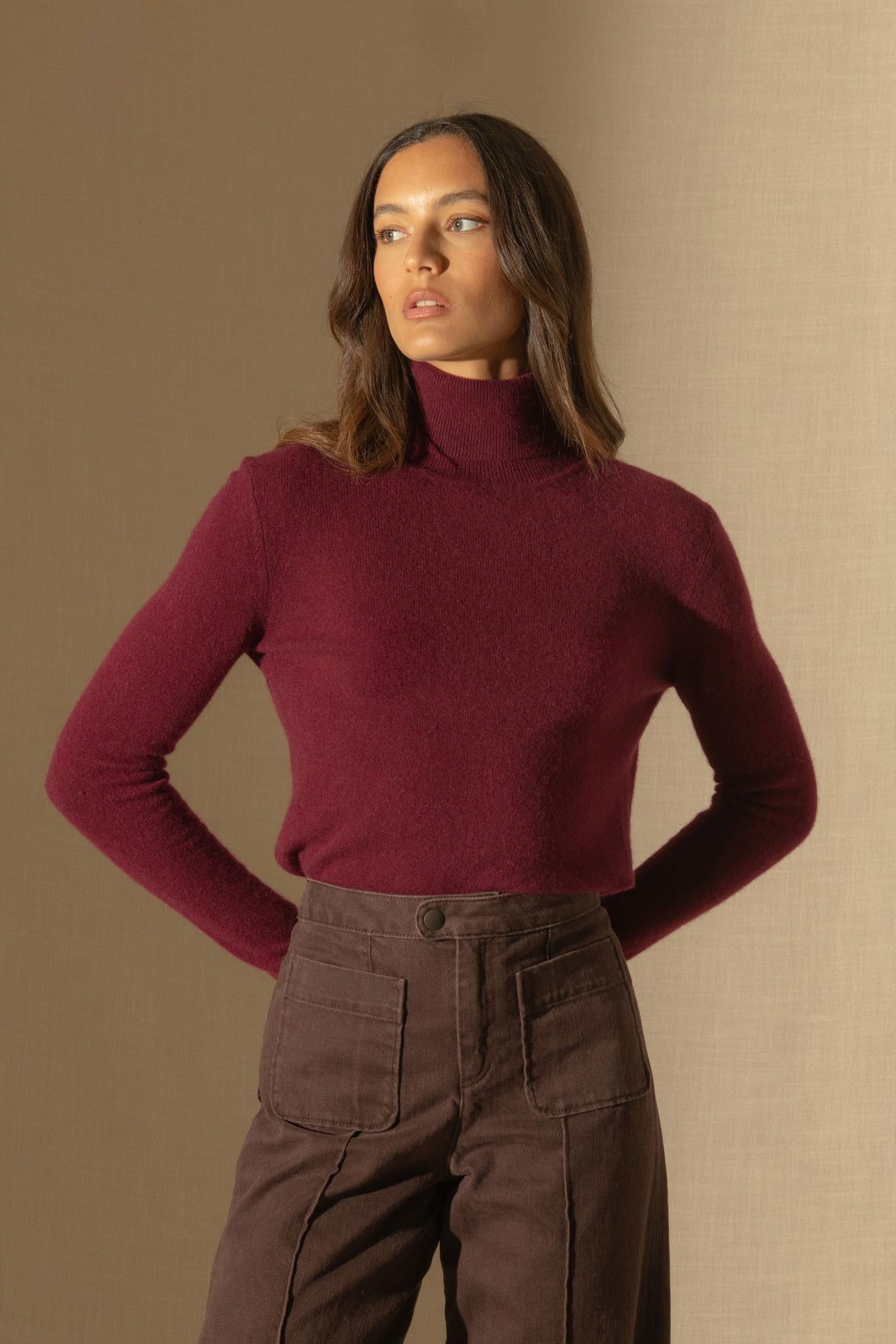 ASHLEY pull col roulé bordeaux 100% cachemire