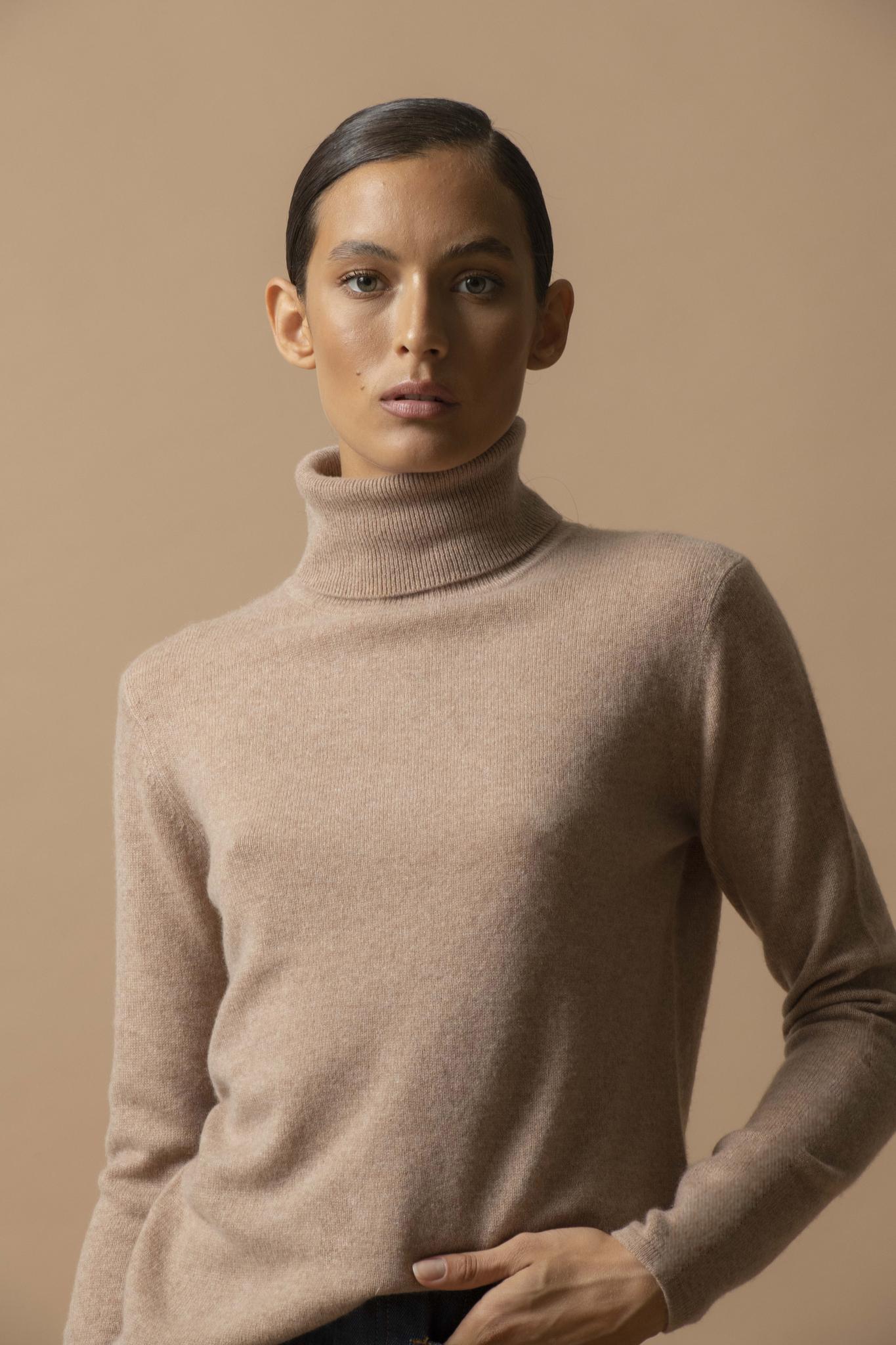 ASHLEY pull col roulé camel chiné 100% cachemire