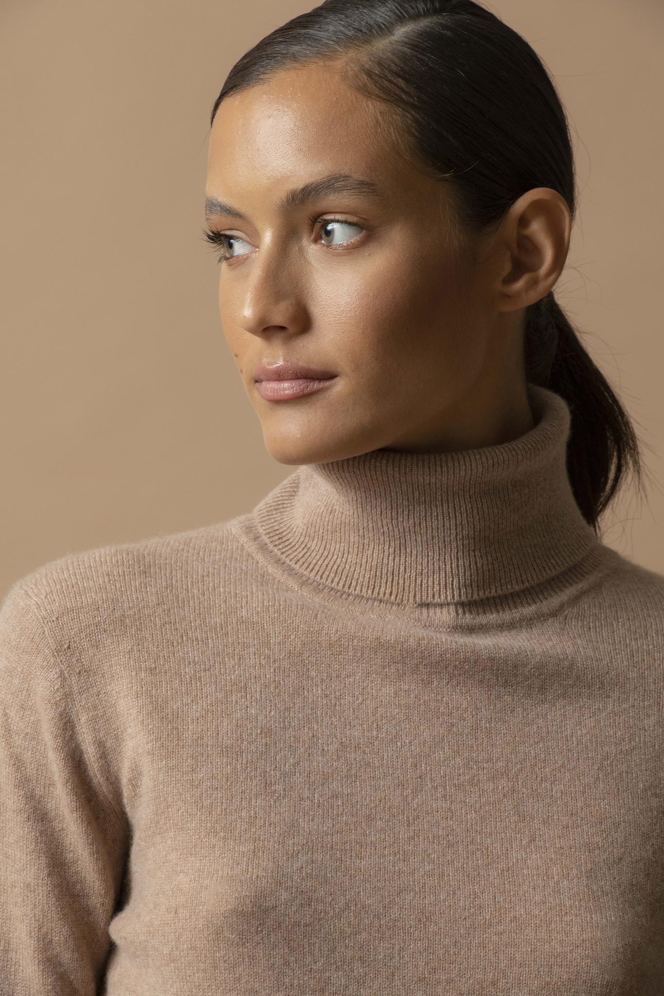ASHLEY pull col roulé camel chiné 100% cachemire