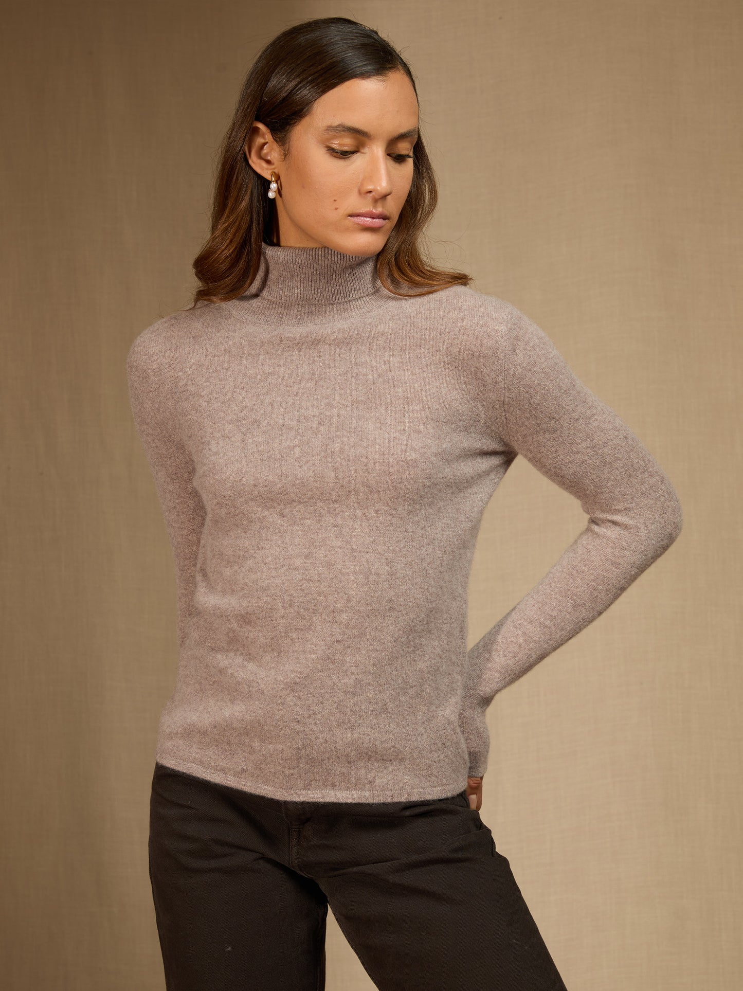 ASHLEY pull col roulé caribou chiné 100% cachemire