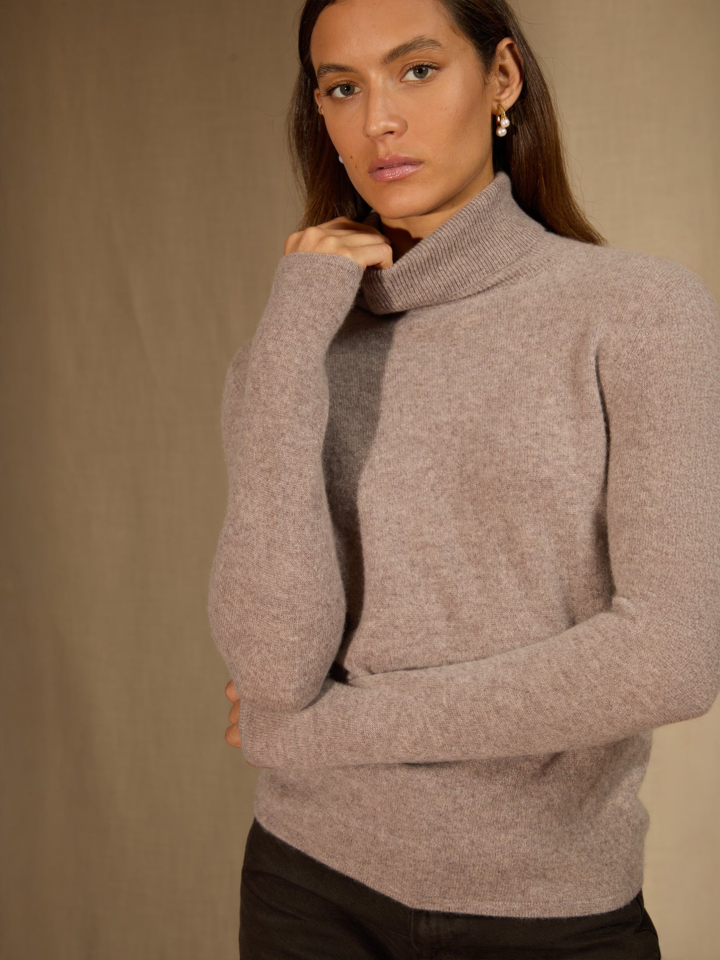 ASHLEY pull col roulé caribou chiné 100% cachemire