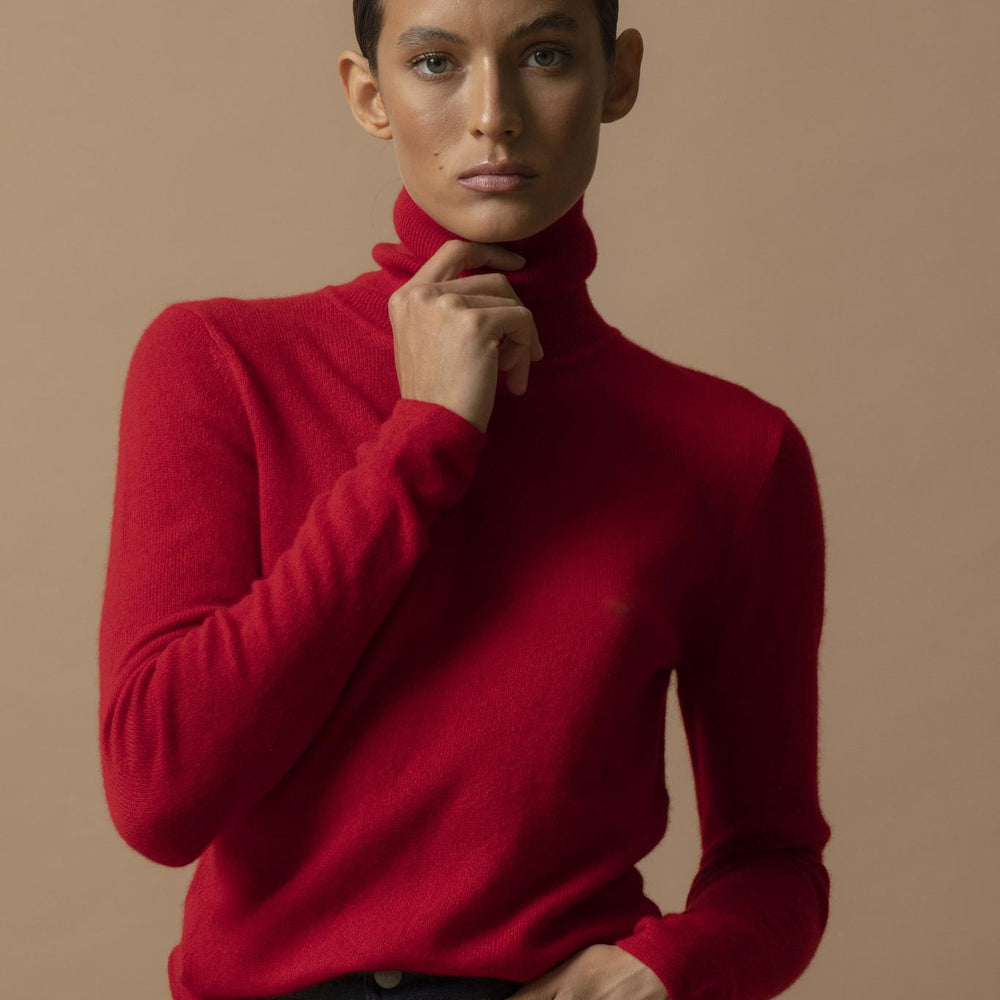 ASHLEY pull col roulé rouge 100% cachemire