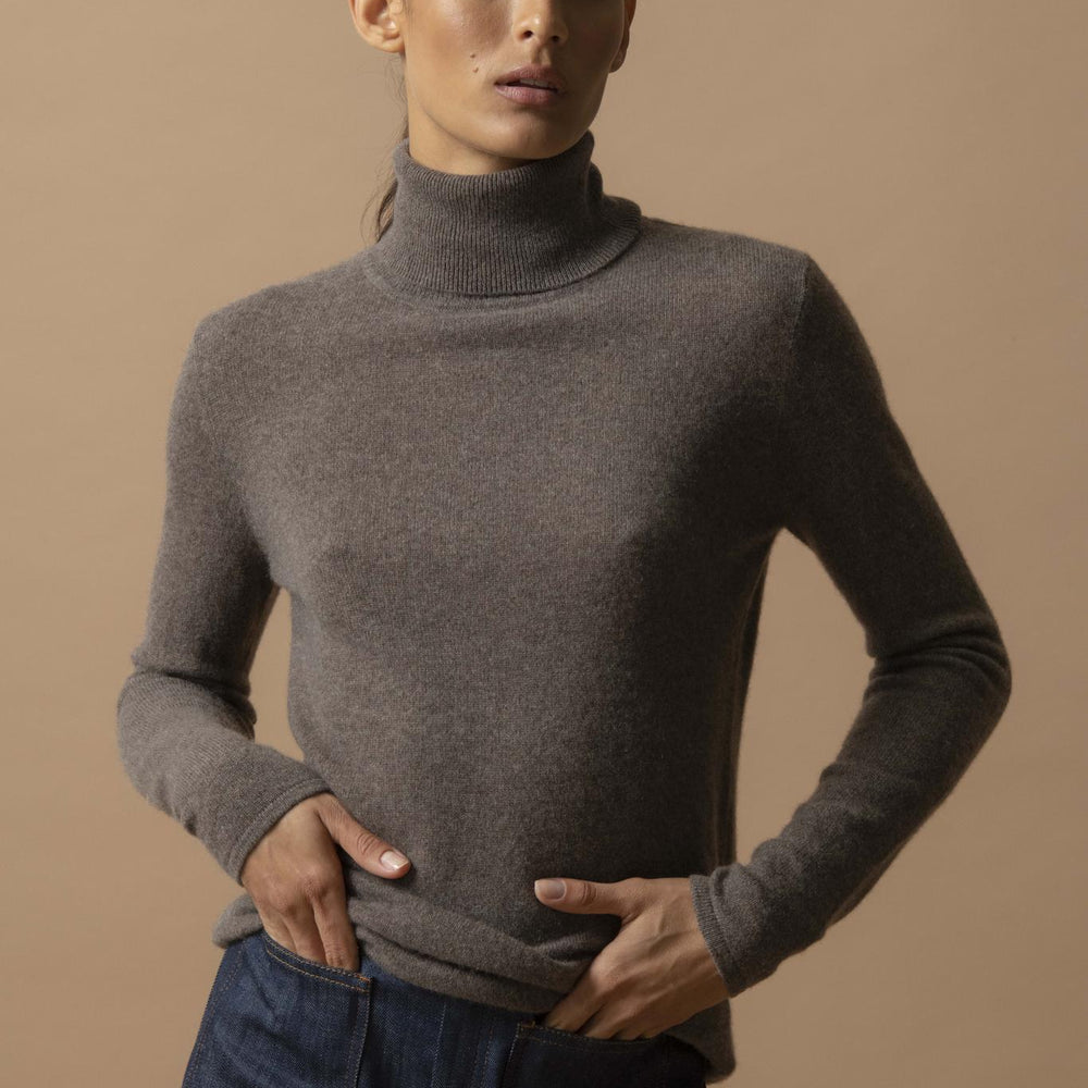 ASHLEY pull col roulé taupe chiné 100% cachemire