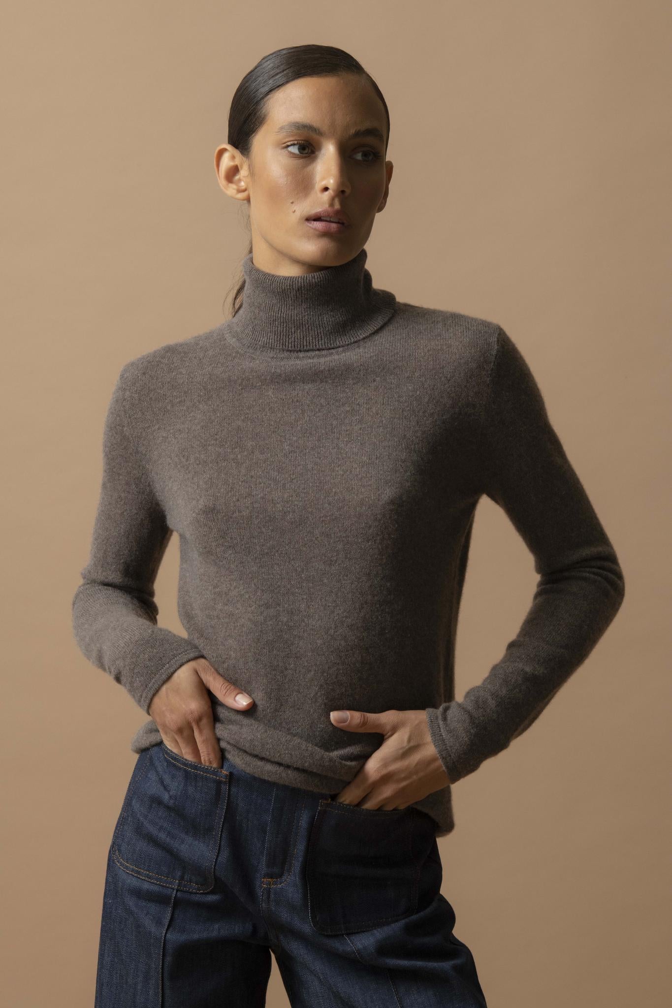 ASHLEY pull col roulé taupe chiné 100% cachemire