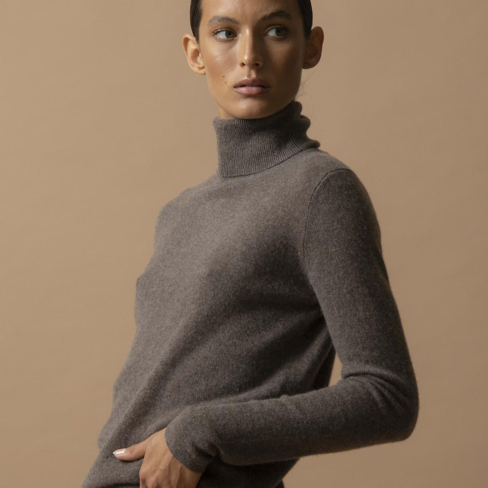 ASHLEY pull col roulé taupe chiné 100% cachemire