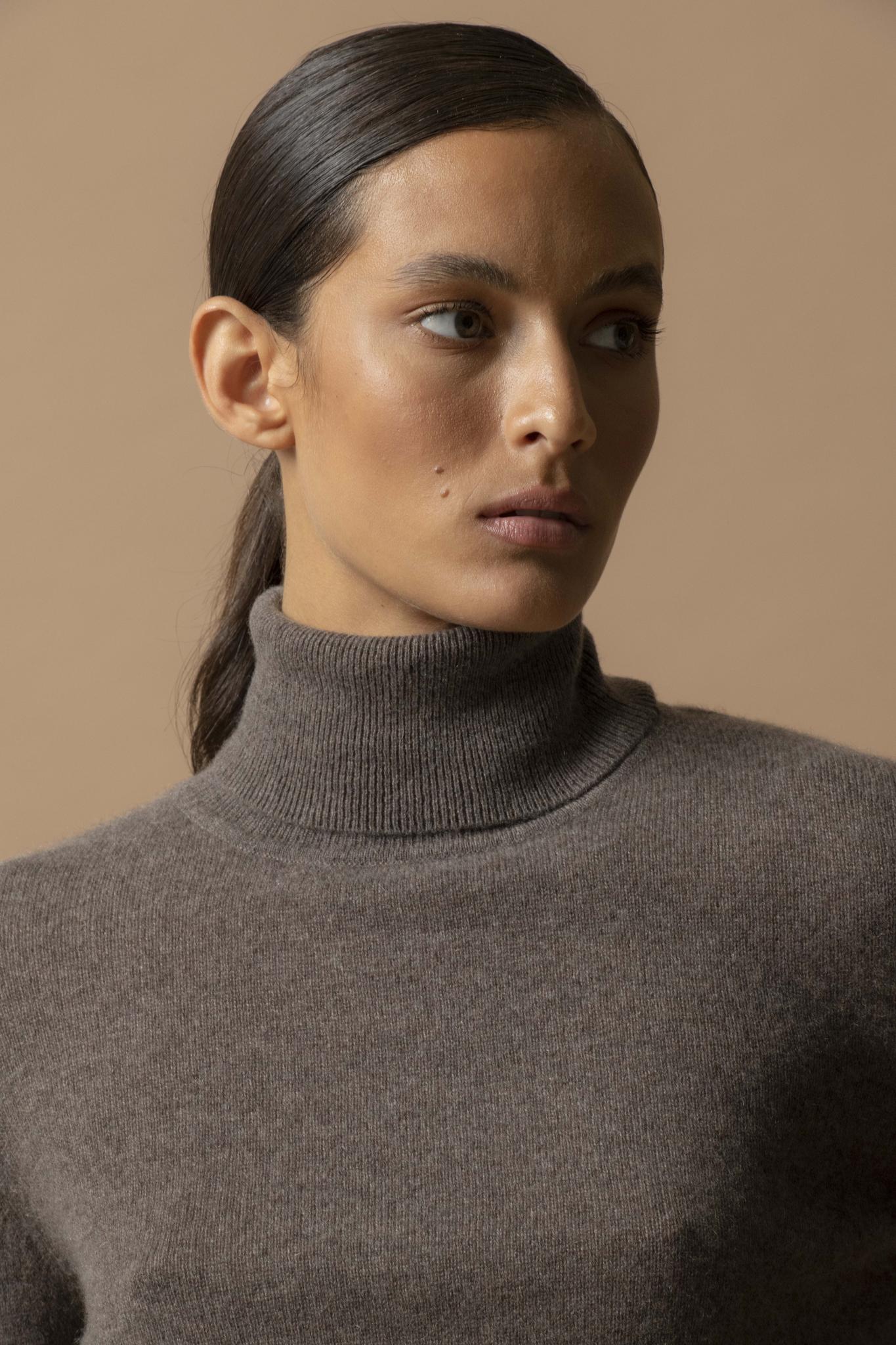 ASHLEY pull col roulé taupe chiné 100% cachemire