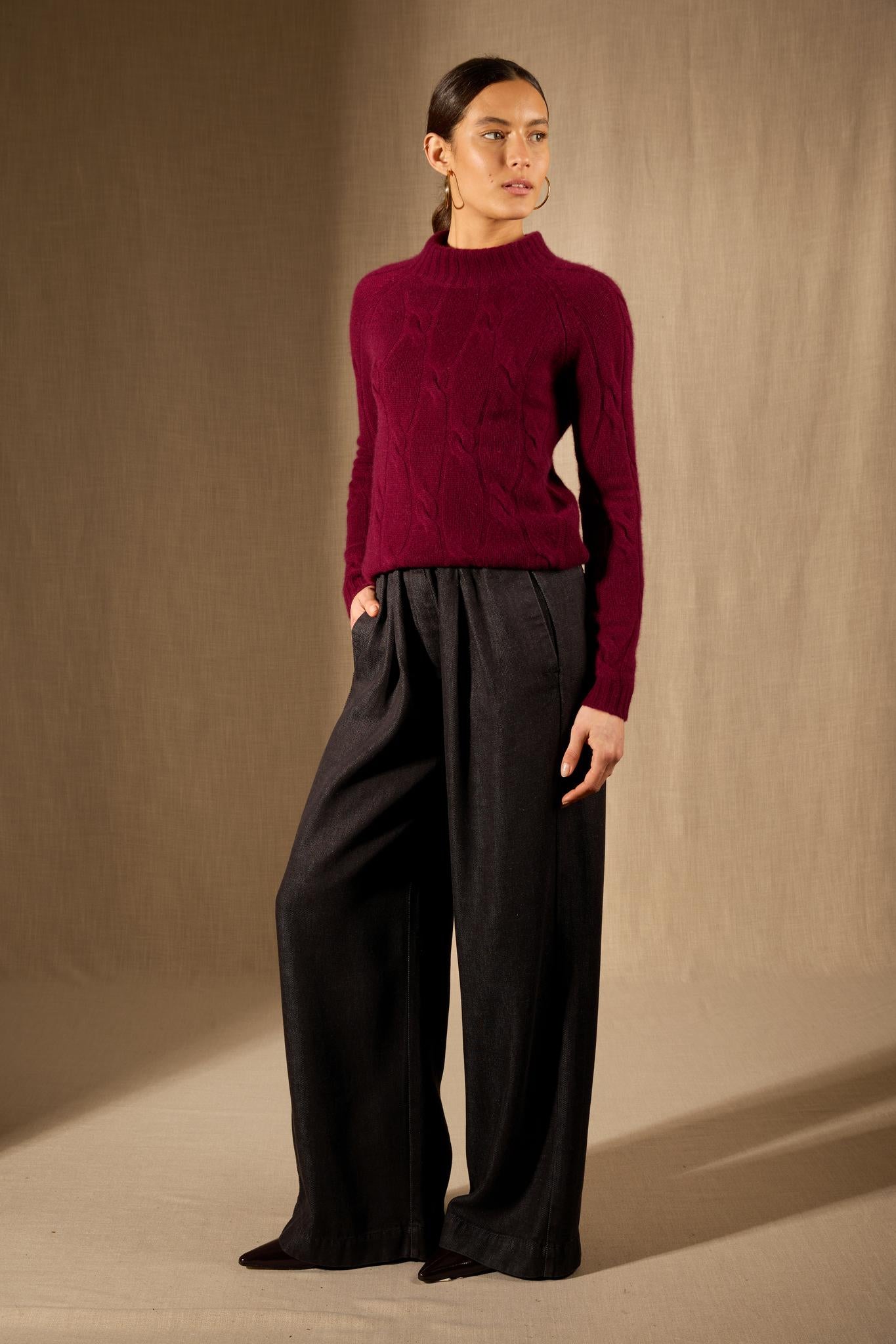 ASPEN pull col montant 6 fils bordeaux 100% cachemire