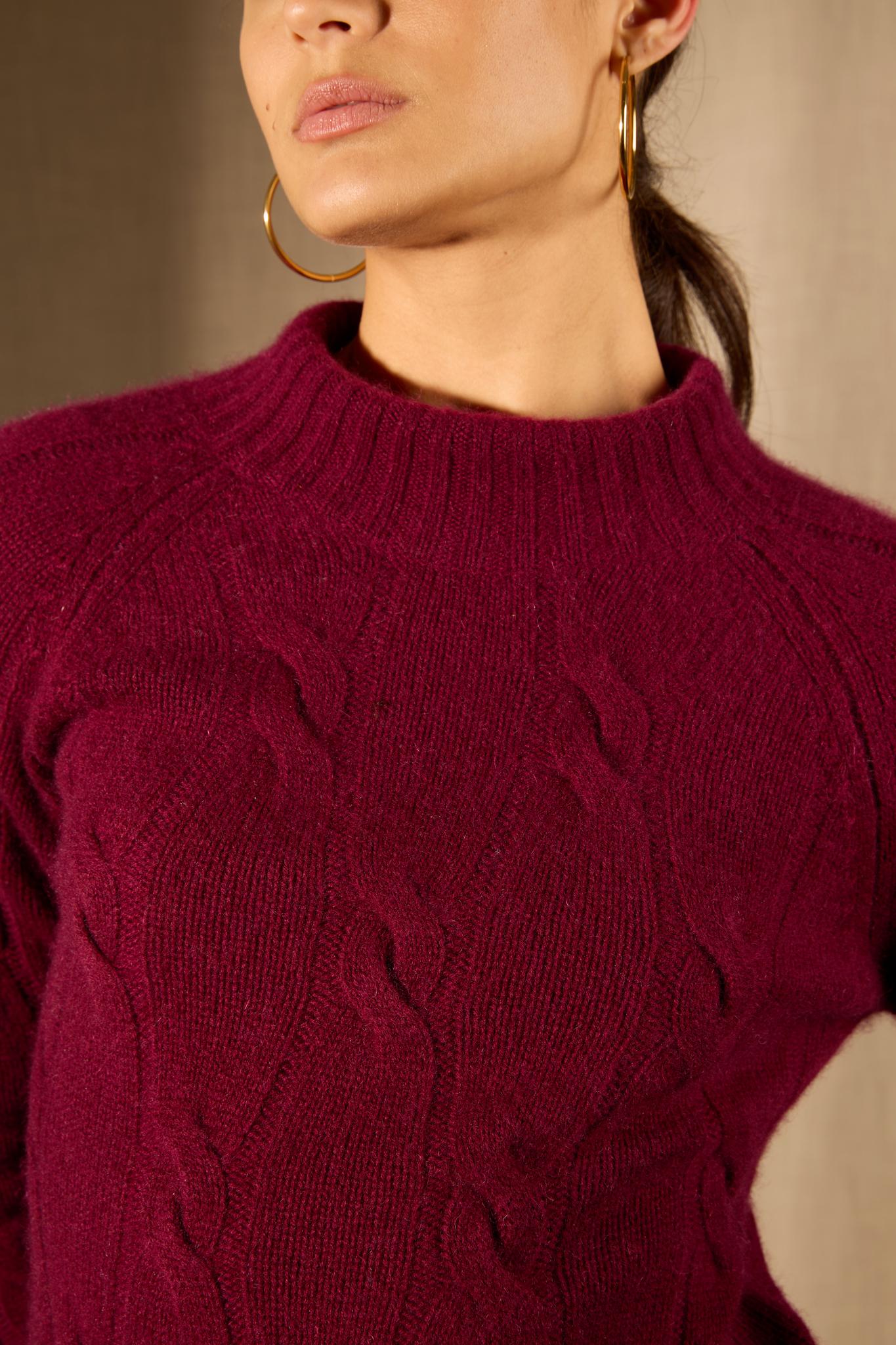 ASPEN pull col montant 6 fils bordeaux 100% cachemire