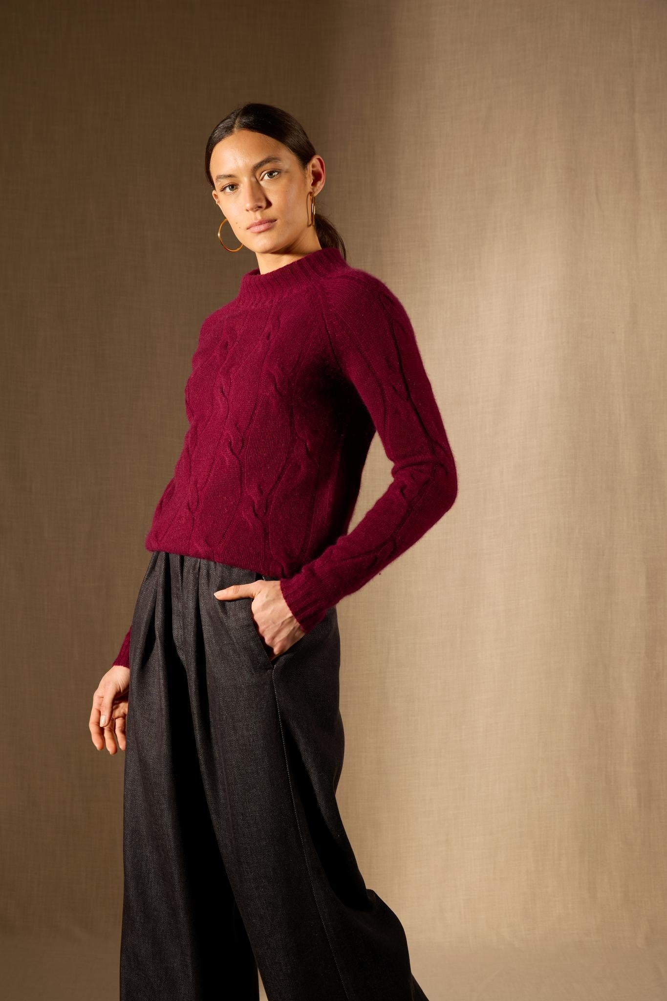 ASPEN pull col montant 6 fils bordeaux 100% cachemire