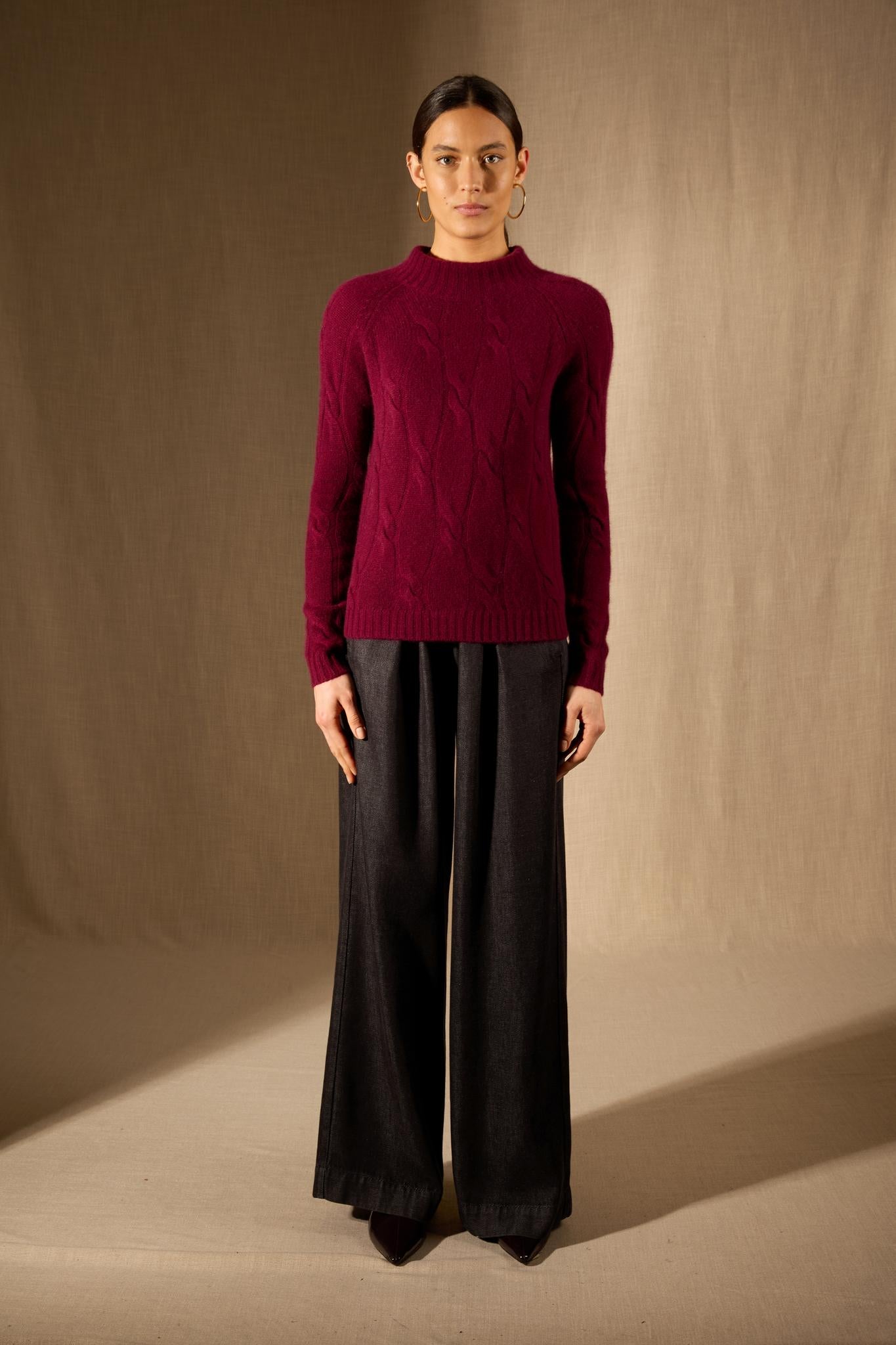 ASPEN pull col montant 6 fils bordeaux 100% cachemire
