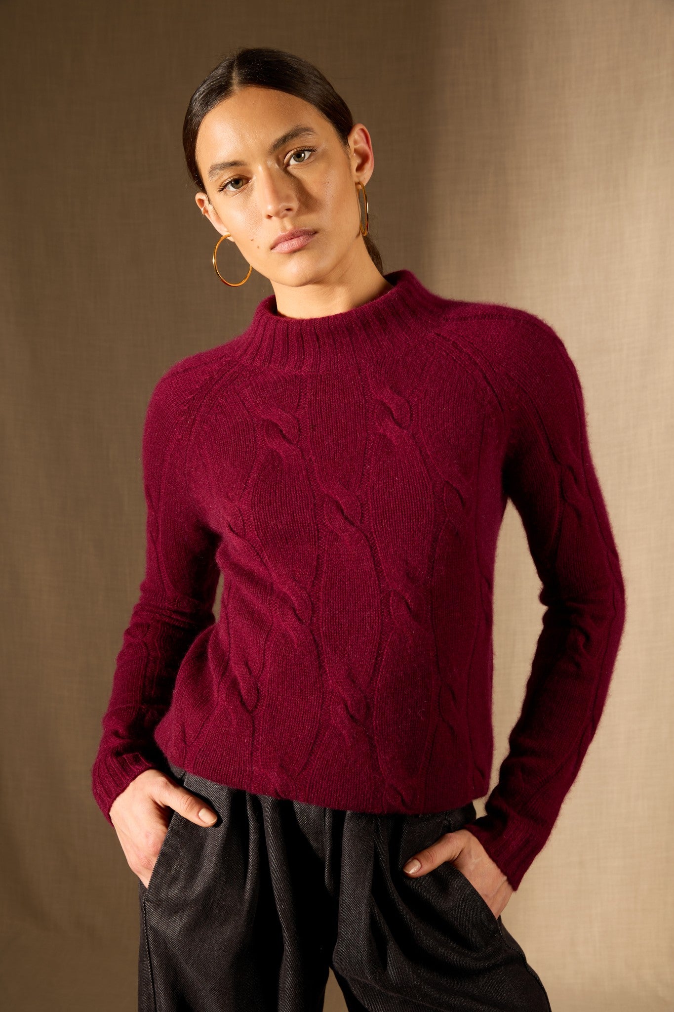 aspen pull col montant 6 fils bordeaux 100% cachemire