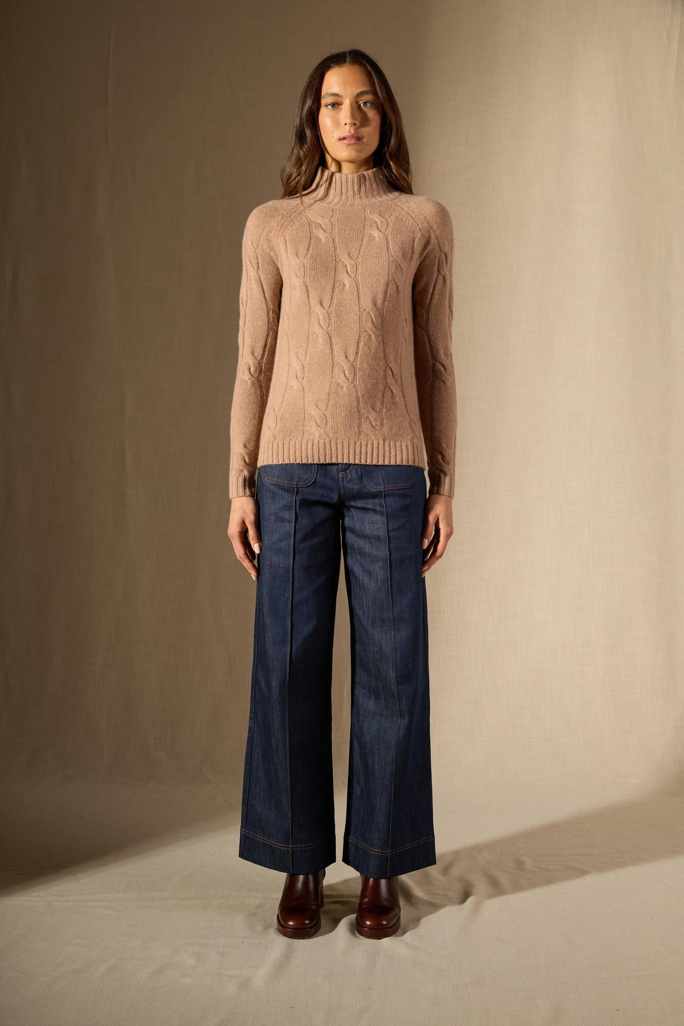ASPEN pull col montant 6 fils camel chiné 100% cachemire