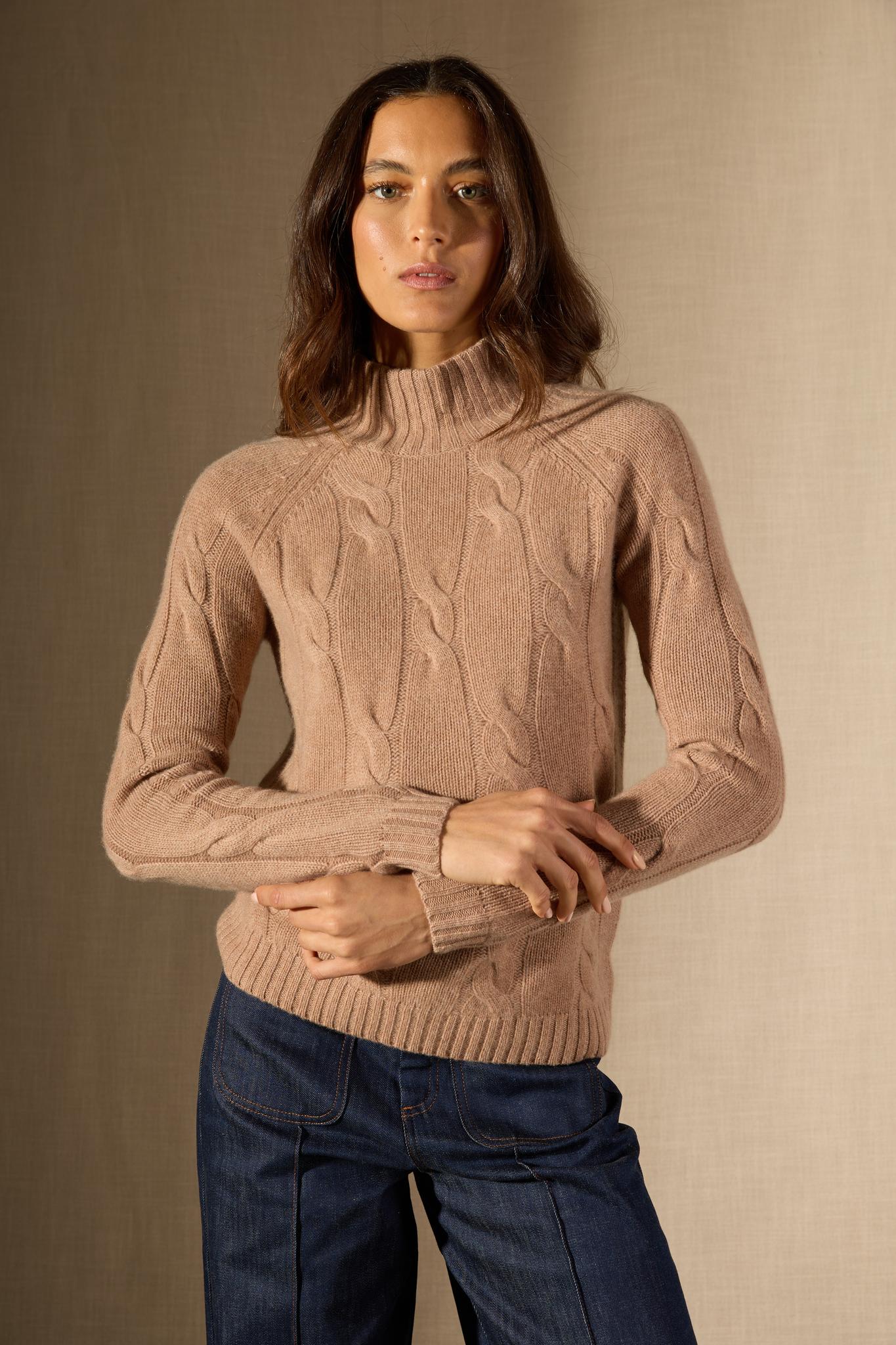 ASPEN pull col montant 6 fils camel chiné 100% cachemire