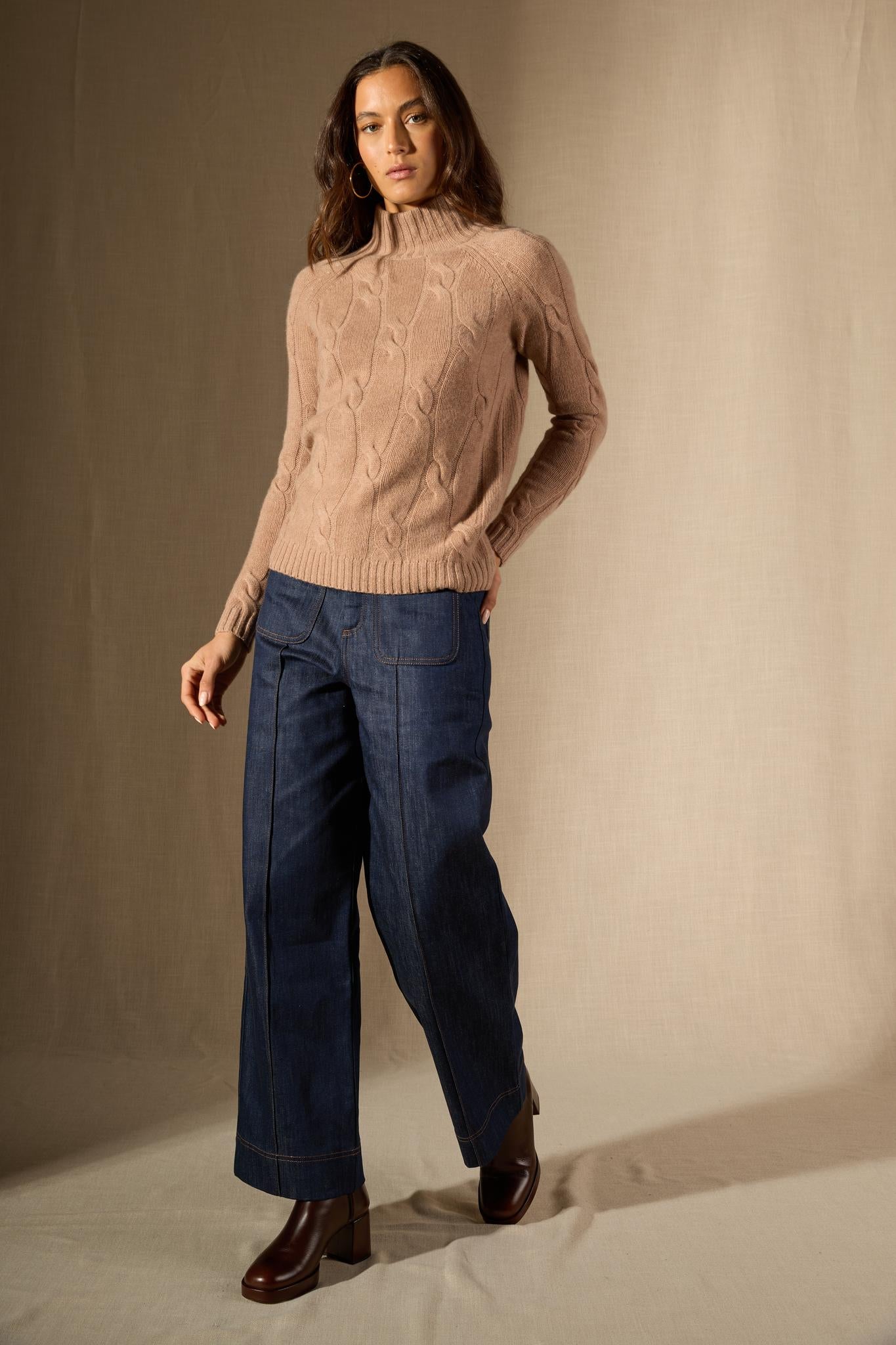 ASPEN pull col montant 6 fils camel chiné 100% cachemire