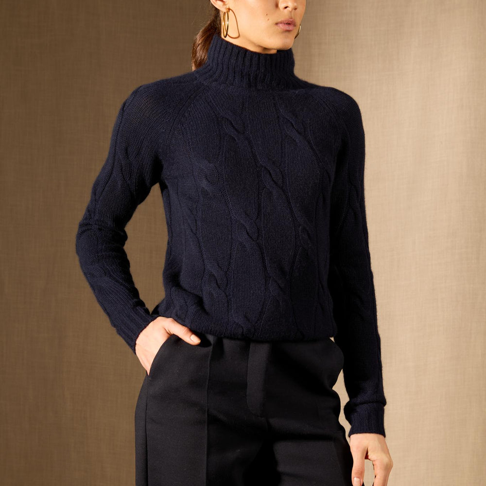 ASPEN pull col montant 6 fils navy 100% cachemire