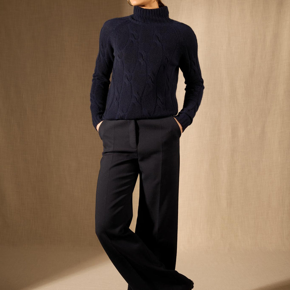 ASPEN pull col montant 6 fils navy 100% cachemire