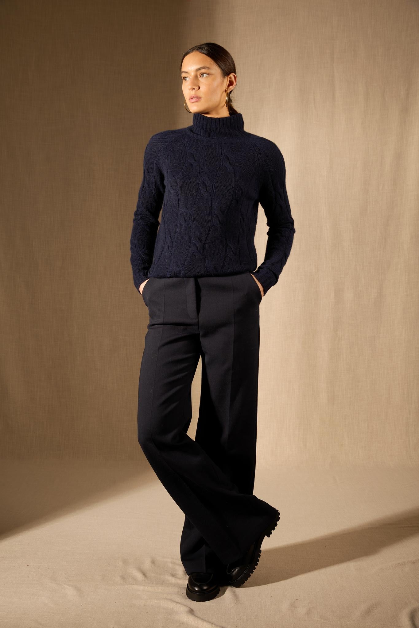 ASPEN pull col montant 6 fils navy 100% cachemire