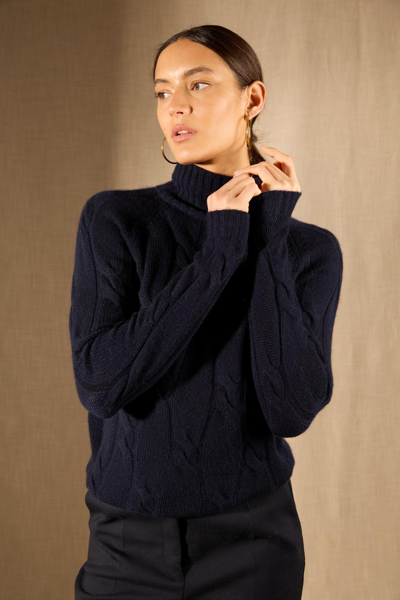 ASPEN pull col montant 6 fils navy 100% cachemire