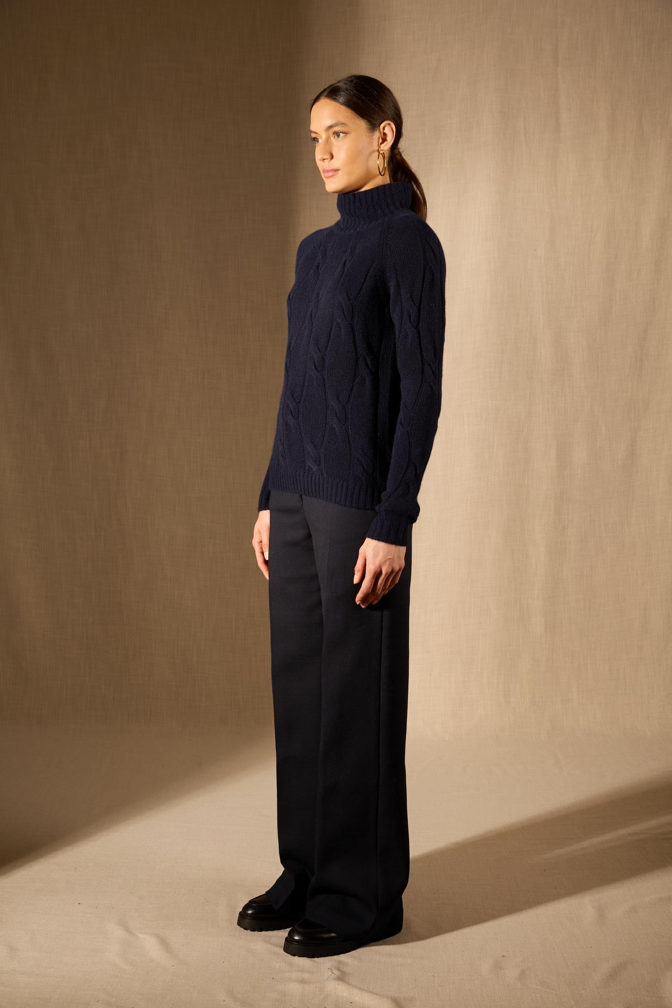 ASPEN pull col montant 6 fils navy 100% cachemire