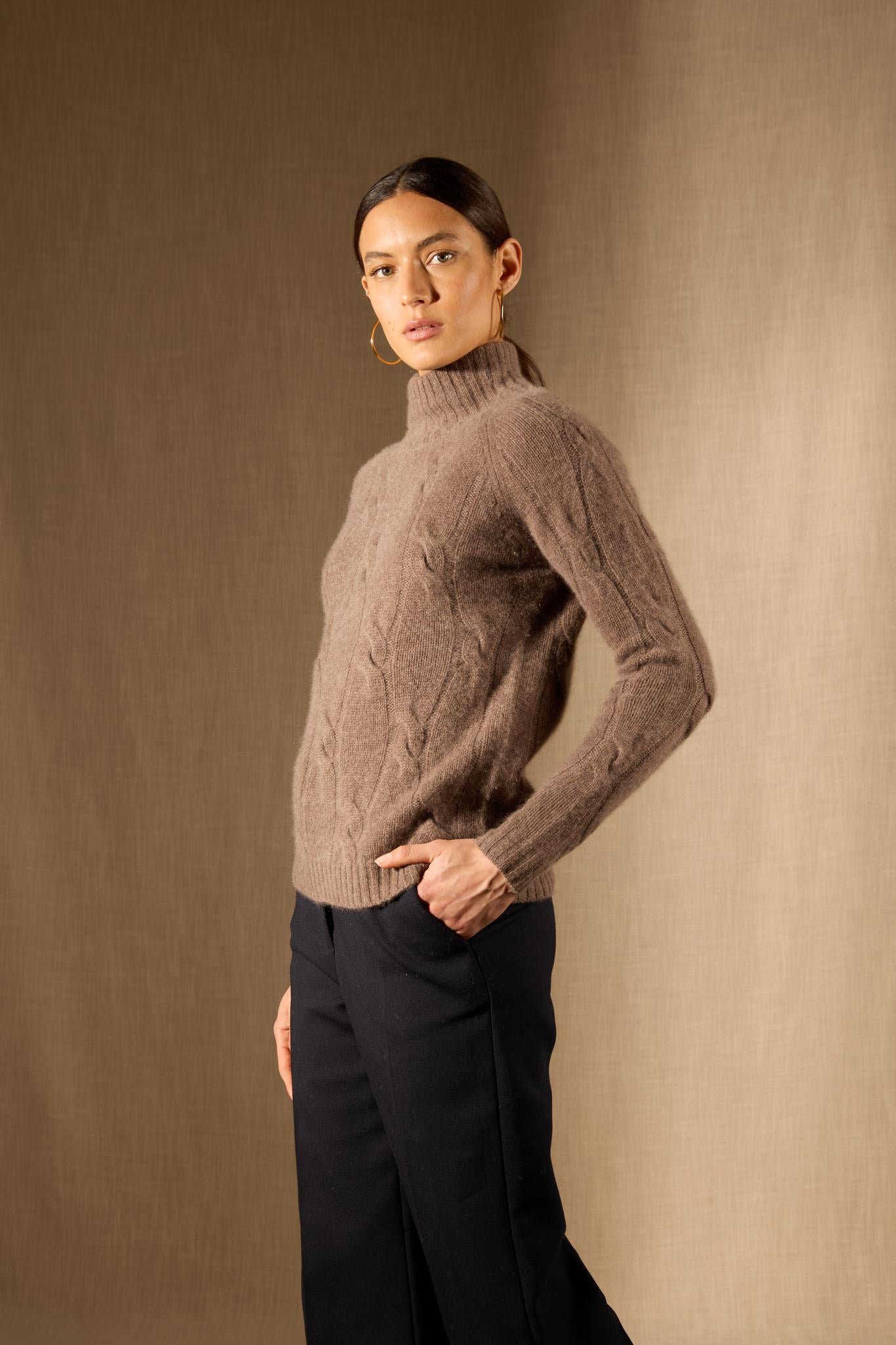 ASPEN pull col montant 6 fils taupe chiné 100% cachemire