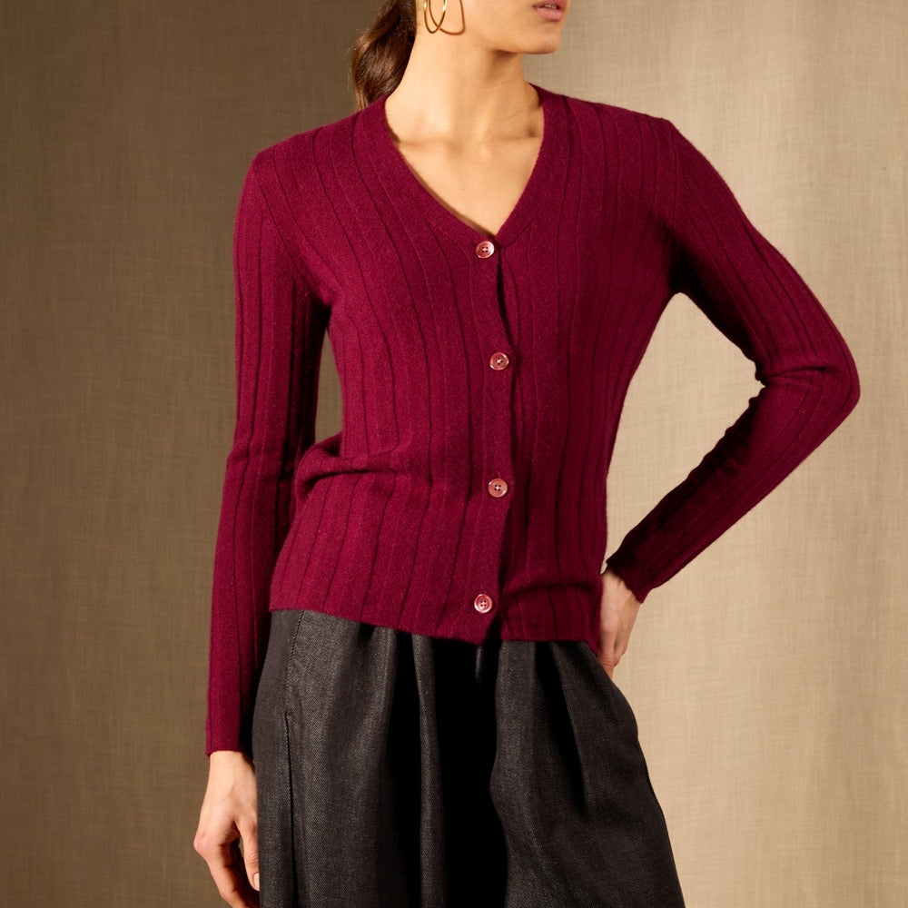 aurora cardigan col v bordeaux 100% cachemire
