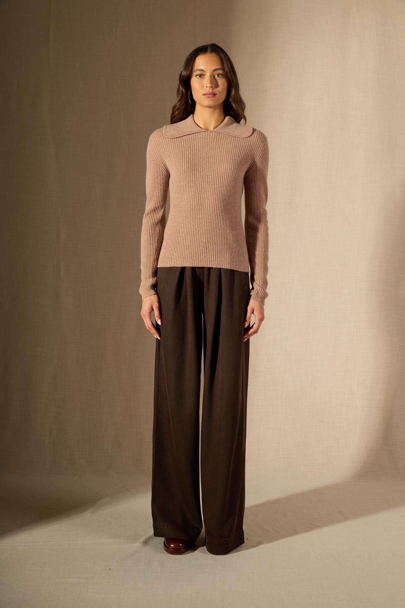 Arlena pull col claudine camel chiné 100% cachemire