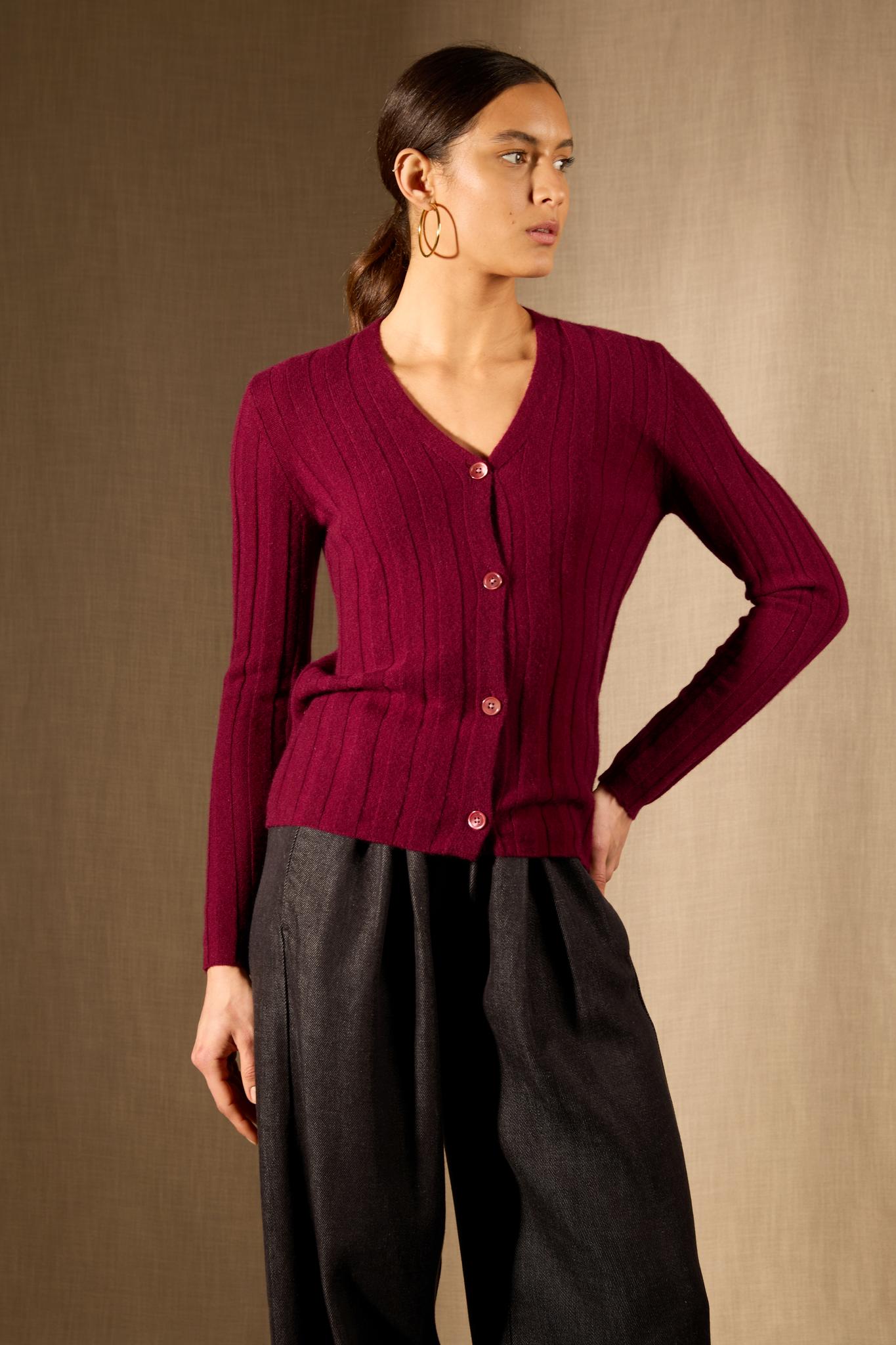 Aurora cardigan col v bordeaux 100% cachemire